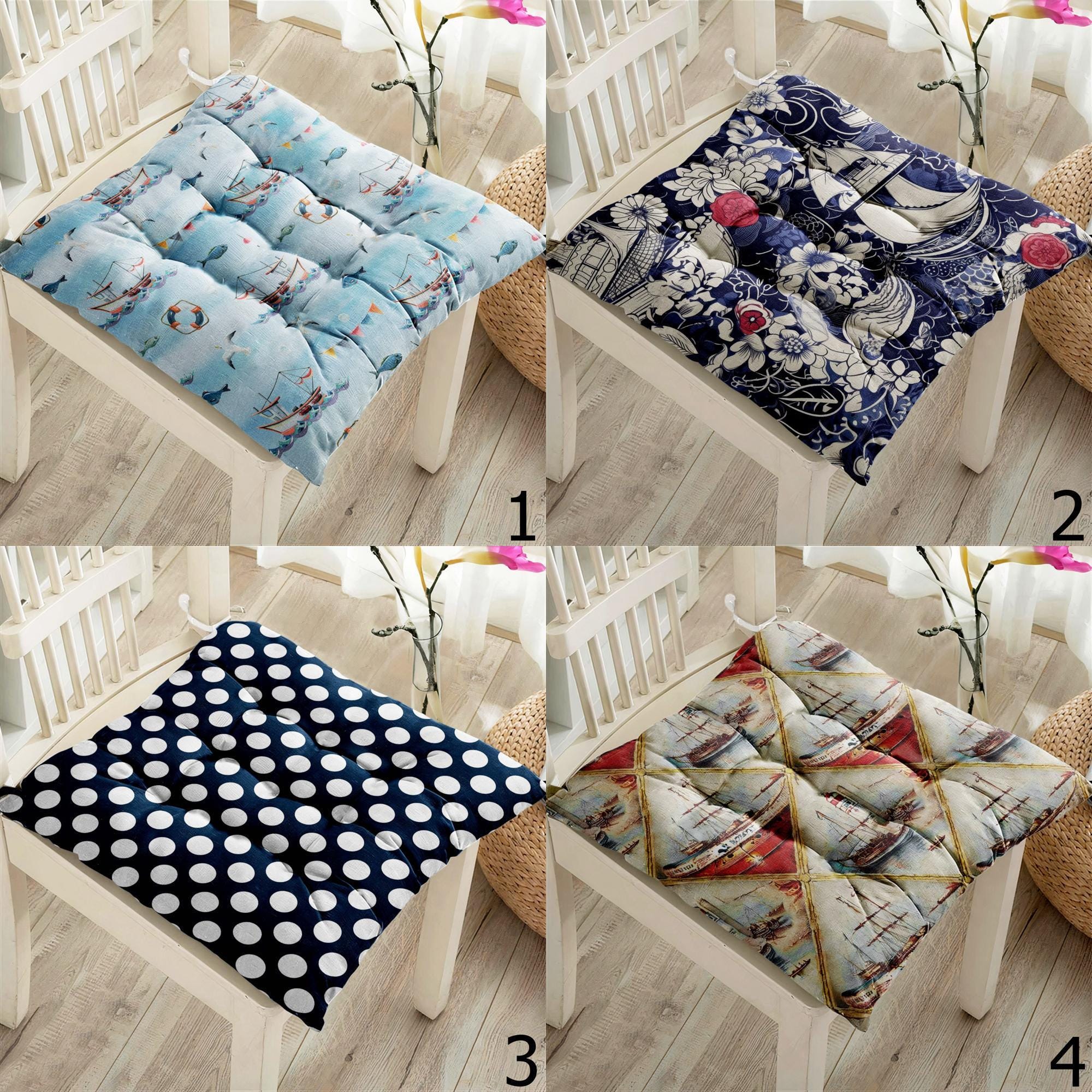 Vintage Nautical Chair Cushions, Sailboat & Anchor Print Seat Pads, Coastal Marine Theme Chair Pillows, Ocean Style Decor Chair Pads