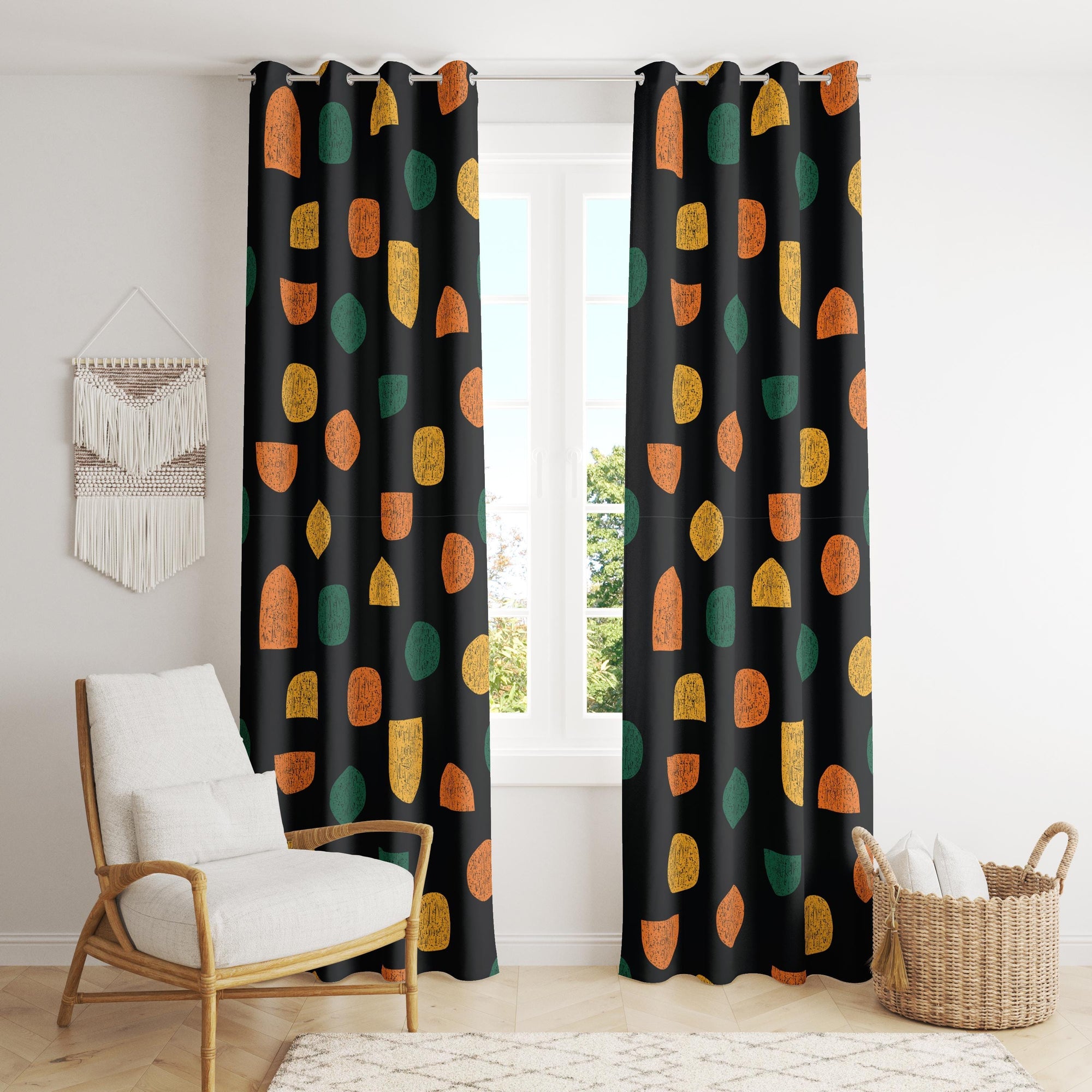 Retro Curtains, 70s Retro Curtains, Retro Black Orange Curtains, Mid Century Window Curtains, MCM Grommet Curtain, Mid Century Print Drapes