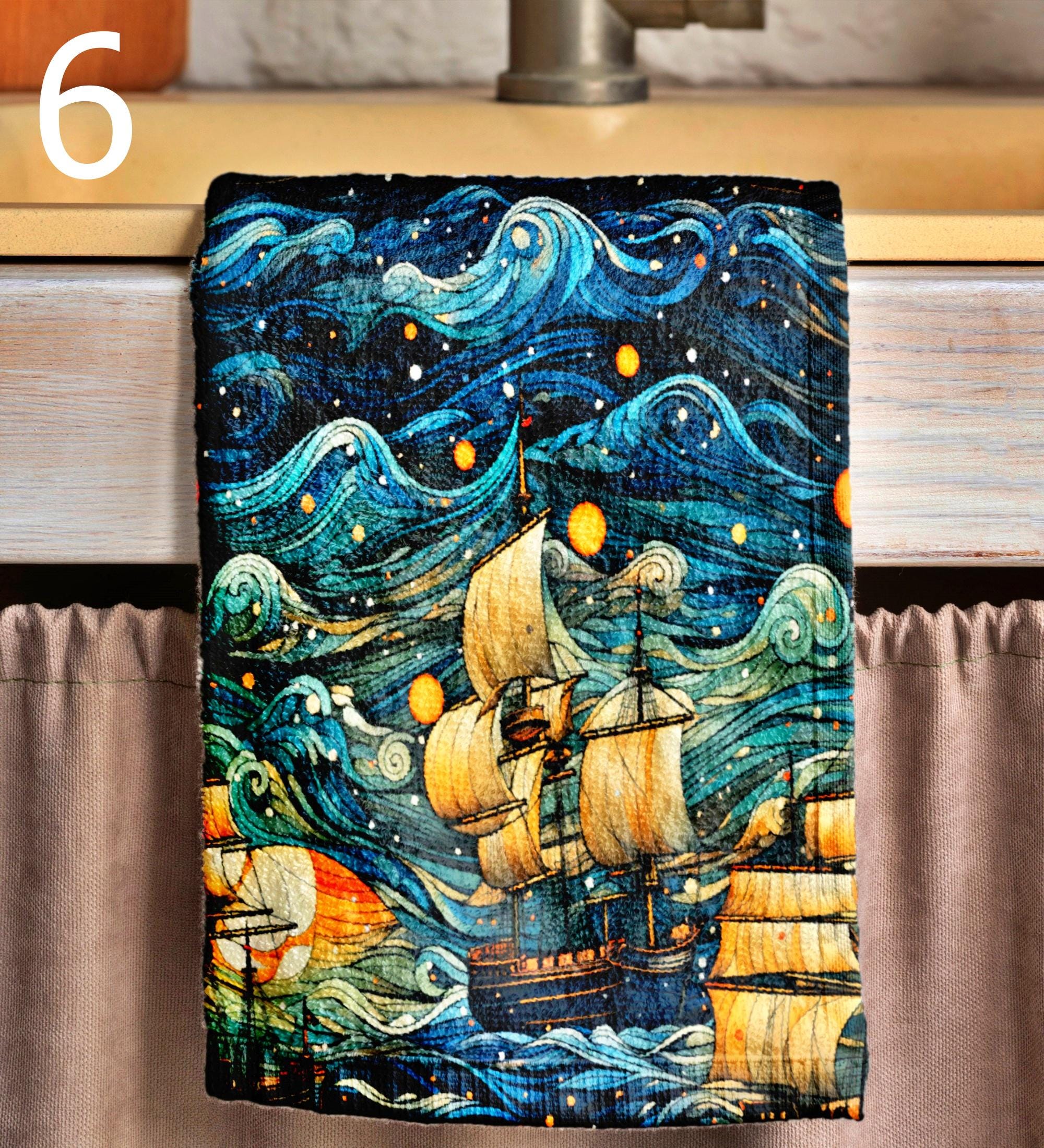 Sailor Tea Towels, Vintage Sailing Ship Dish Towel, Nautical Kitchen Towels, Nautical Hand Towels, Old Sailboat Kitchen Fingertip Towels