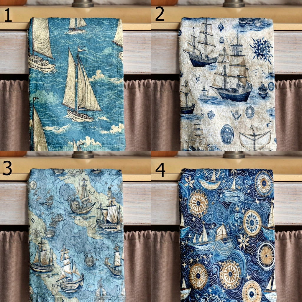 Vintage Sailboat Tea Towels, Nautical Tea Towel, Sailor Dish Towel, Maritime Print Hand Towels, Yatch Hand Towels, Ocean Hand Towel