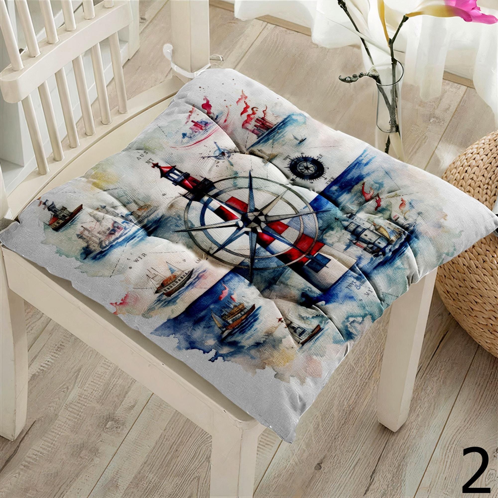 Nautical Square Chair Pad, Ocean Chair Cushion with Ties, Marine Chair Pads with Ties, Coastal Patio Chair Cushions, Summer Chair Cushions
