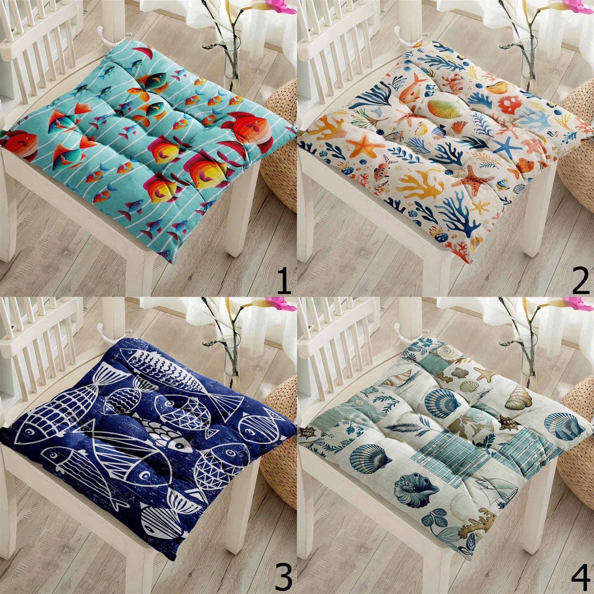 Starfish Coral Design Summer Patio Cushions, Nautical Ocean Seat Cushions, Coastal Sea Life Chair Pads, Beach Home Chair Cushions