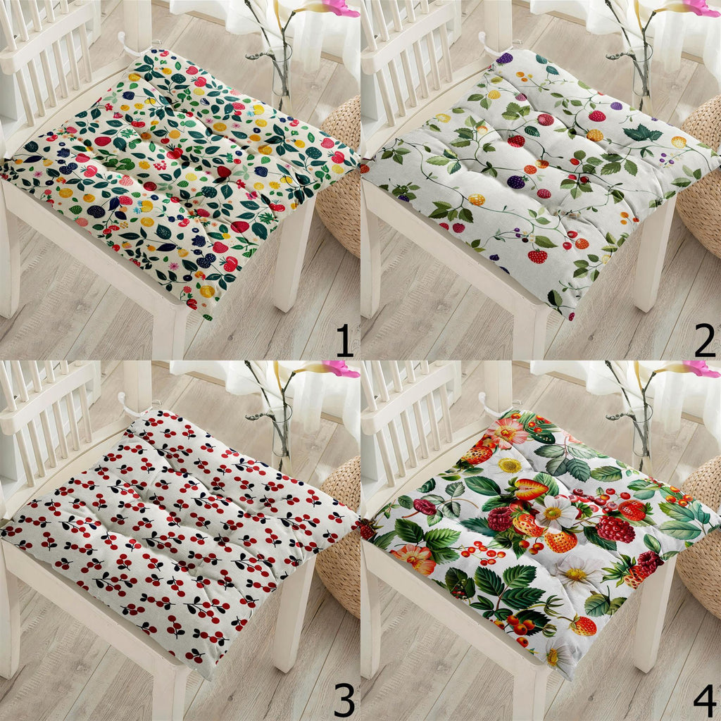 Fruit Print Chair Pads, Berry Pattern Seat Cushions, Summer Farmhouse Chair Pillow Covers, Cherry & Strawberry Fresh Chair Cushions