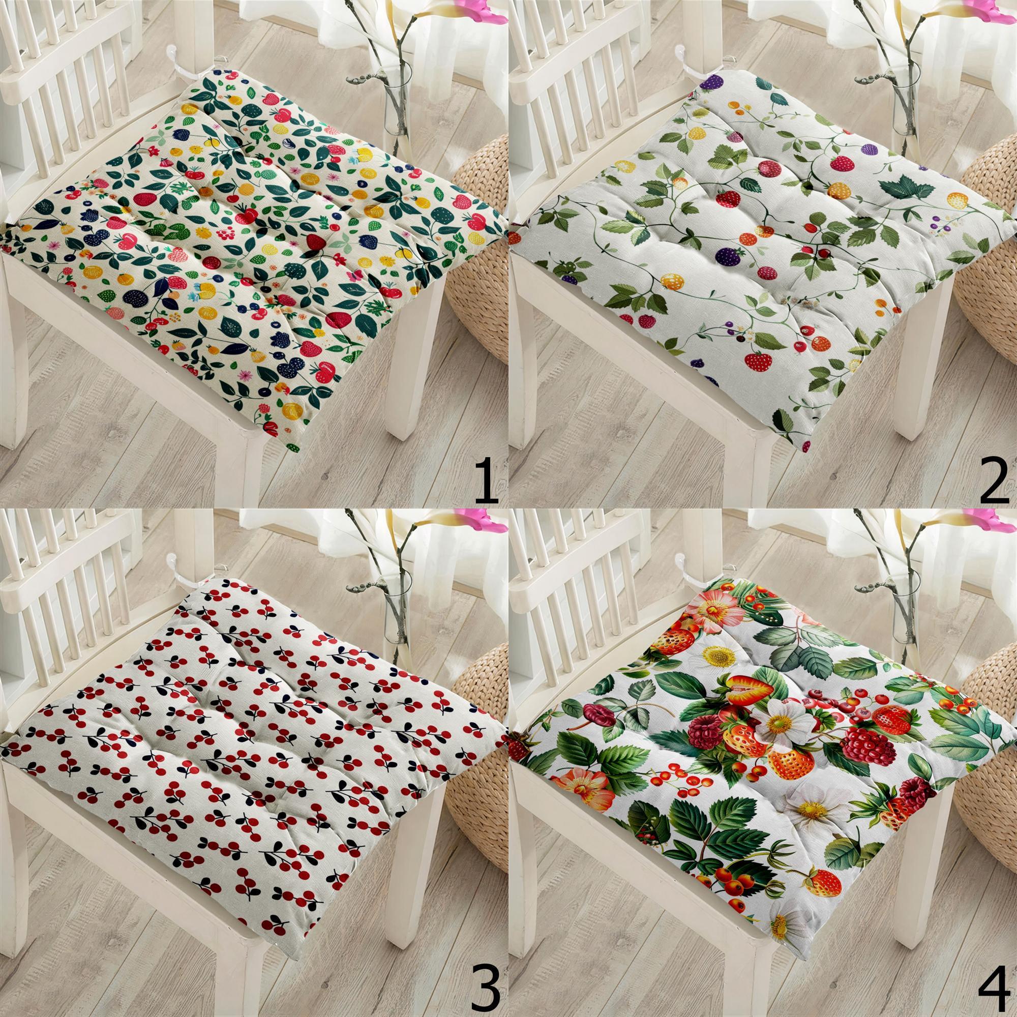 Fruit Print Chair Pads, Berry Pattern Seat Cushions, Summer Farmhouse Chair Pillow Covers, Cherry & Strawberry Fresh Chair Cushions
