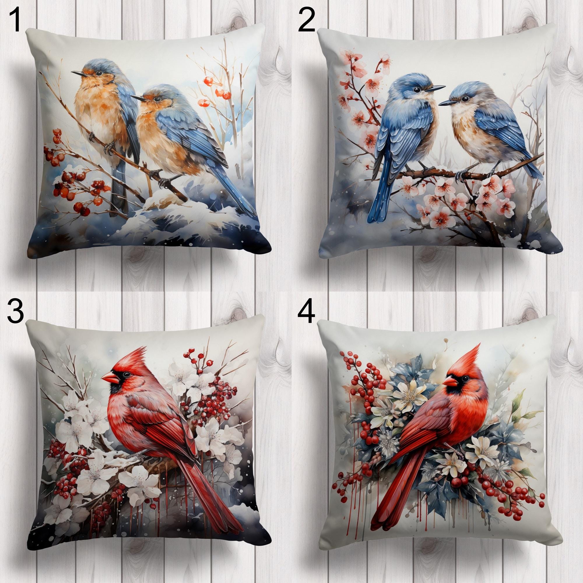 Christmas Birds Pillowcase, Winter Birds Cushion Cover, Winter Decor Cushions, Christmas Birds Pillow Covers, Christmas Flowers Pillowcase