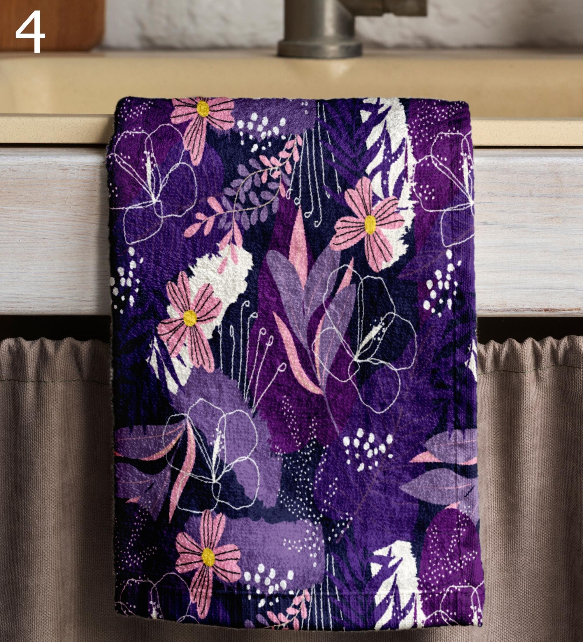 Floral Kitchen Towels, Botanical Dish Towel, Vintage Floral Style Tea Towels, Pink & Purple Flower Hand Towels