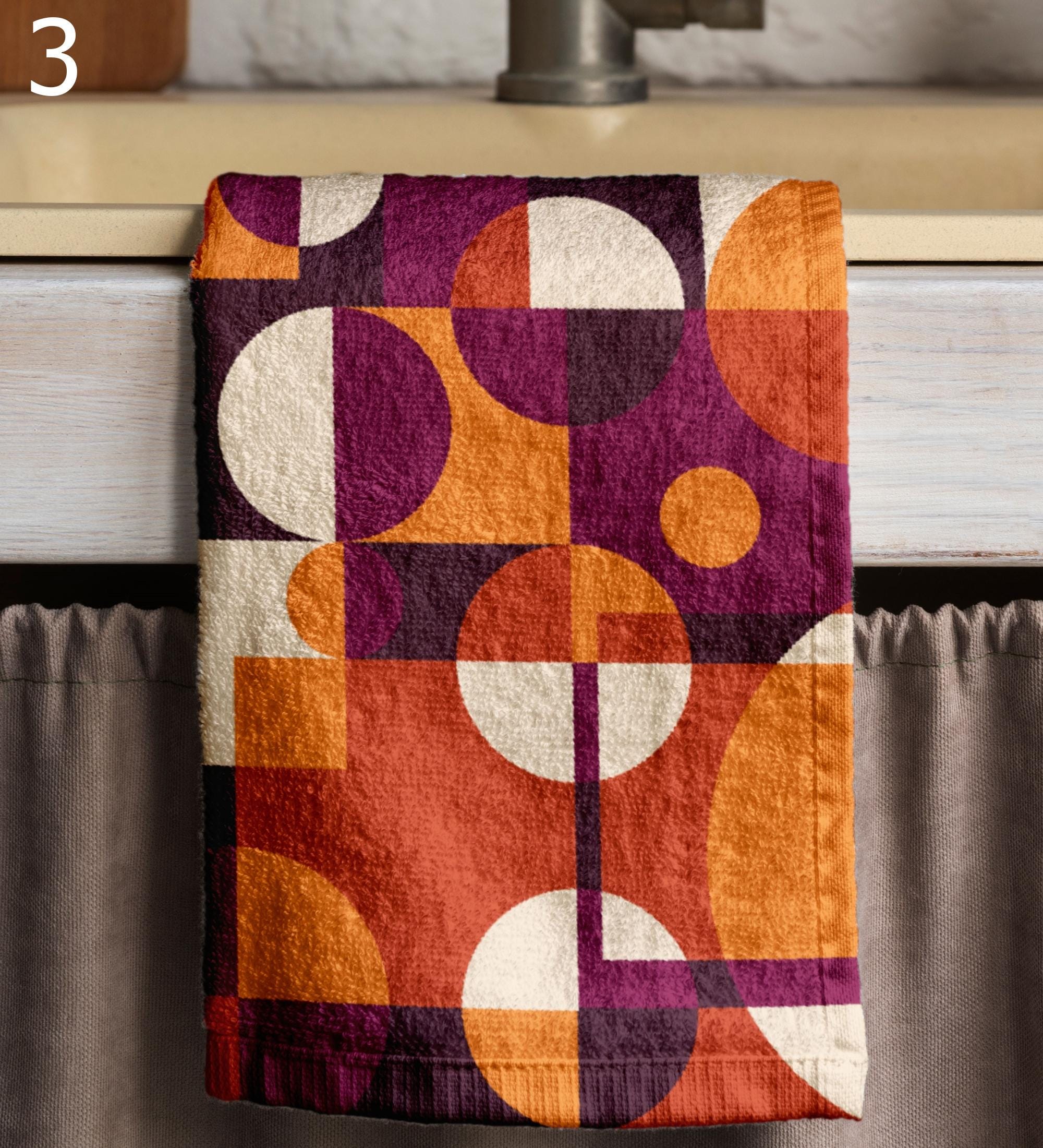 Retro Geometric Abstract Hand Towels, Mid Century Kitchen Towels, Retro Tea Towels, 70s Bauhaus Dish Towels, Bauhaus Retro Dish Towel