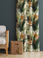 Tropical Window Curtains, Paradys Green Curtains, Botanical Green Leaves Curtain, Tropical Orange Flowers Curtains, Botanical Print Drapes