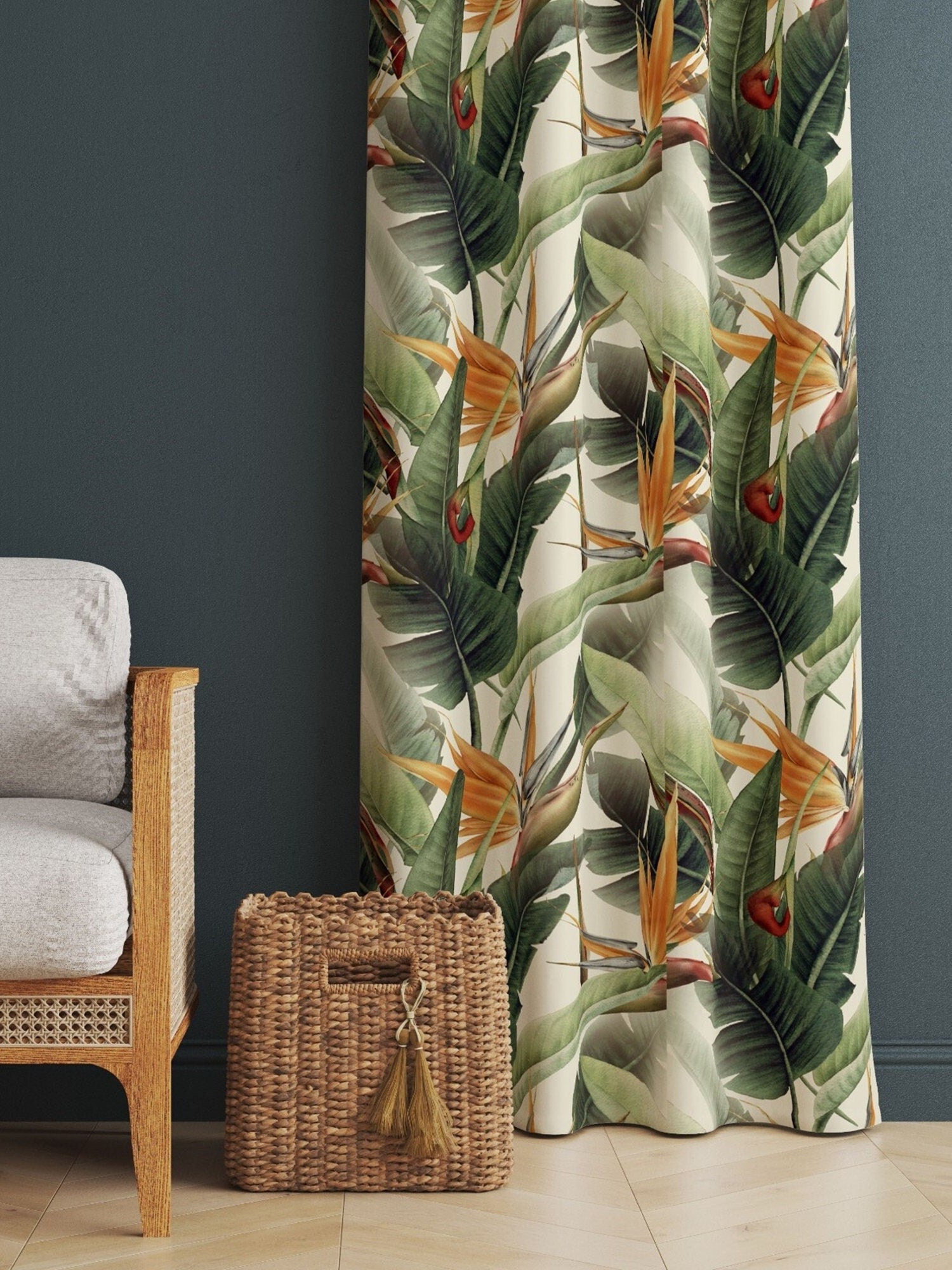 Tropical Window Curtains, Paradys Green Curtains, Botanical Green Leaves Curtain, Tropical Orange Flowers Curtains, Botanical Print Drapes