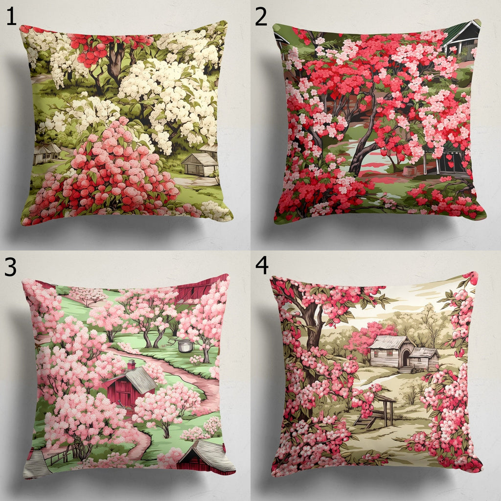 Spring Trees Floral Throw Pillow Cover, Fruit Tree Flowers Pillow Covers, Farmhouse Pink Flowers Cushion Covers, Spring Flowers Pillowcases