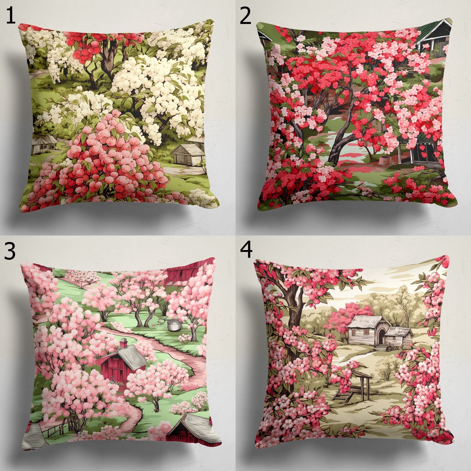 Spring Trees Floral Throw Pillow Cover, Fruit Tree Flowers Pillow Covers, Farmhouse Pink Flowers Cushion Covers, Spring Flowers Pillowcases