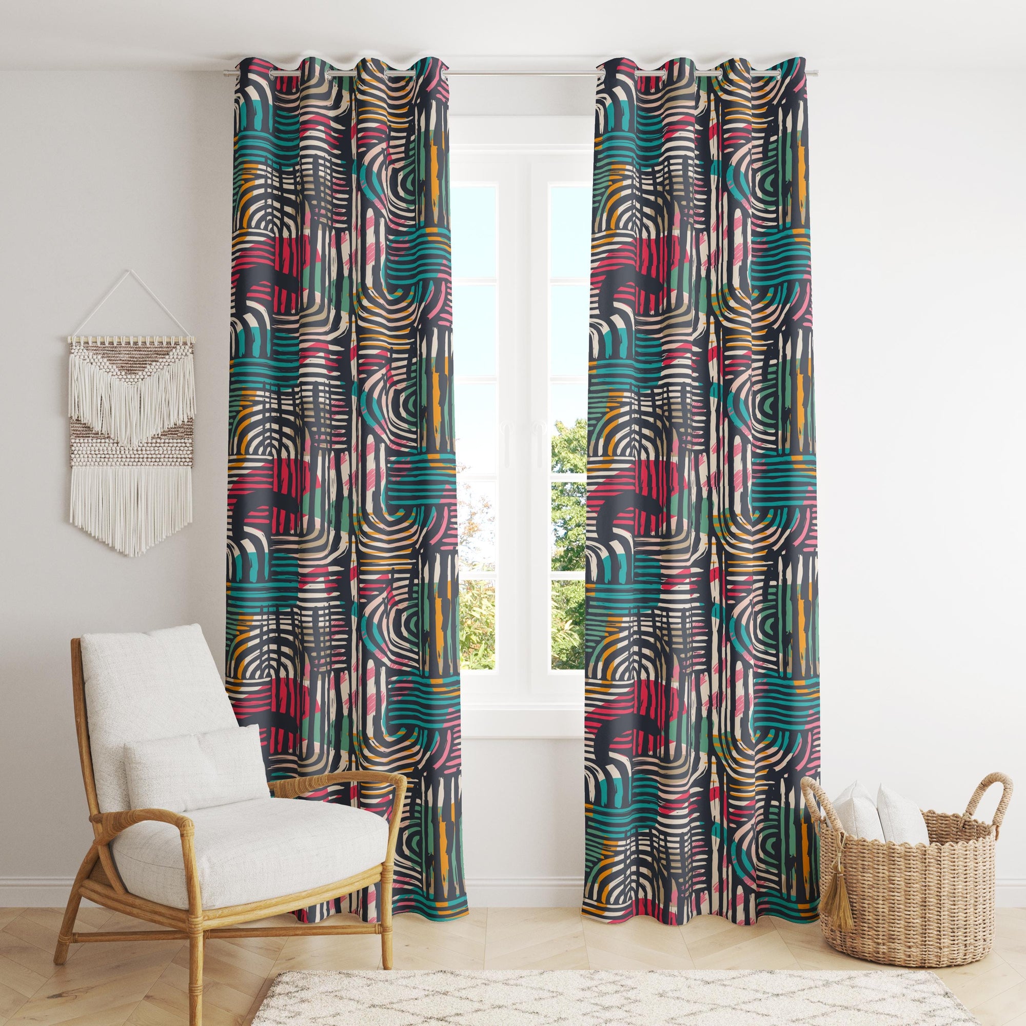 Mid-Century Window Curtains, Retro Abstract Curtains, 70s Retro Blackout Curtain Panel, Mid Century Modern Grommet Drapes
