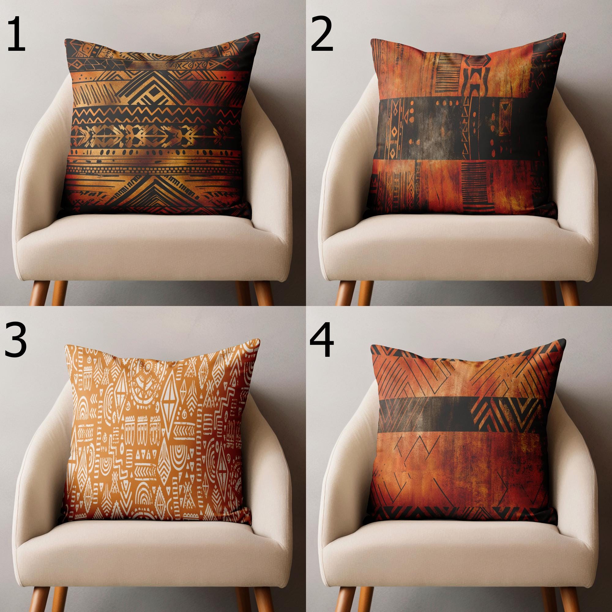 Tribal African Pillow Covers, Mud Cloth Inspired Cushion Covers, Boho Ethnic Throw Pillow Covers, Rustic Decor Warm Earth Tone Pillowcases
