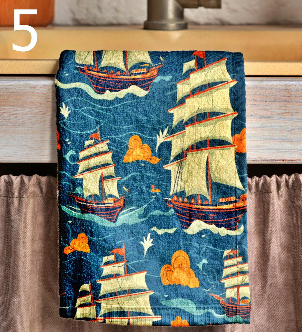 Sailor Tea Towels, Vintage Sailing Ship Dish Towel, Nautical Kitchen Towels, Nautical Hand Towels, Old Sailboat Kitchen Fingertip Towels