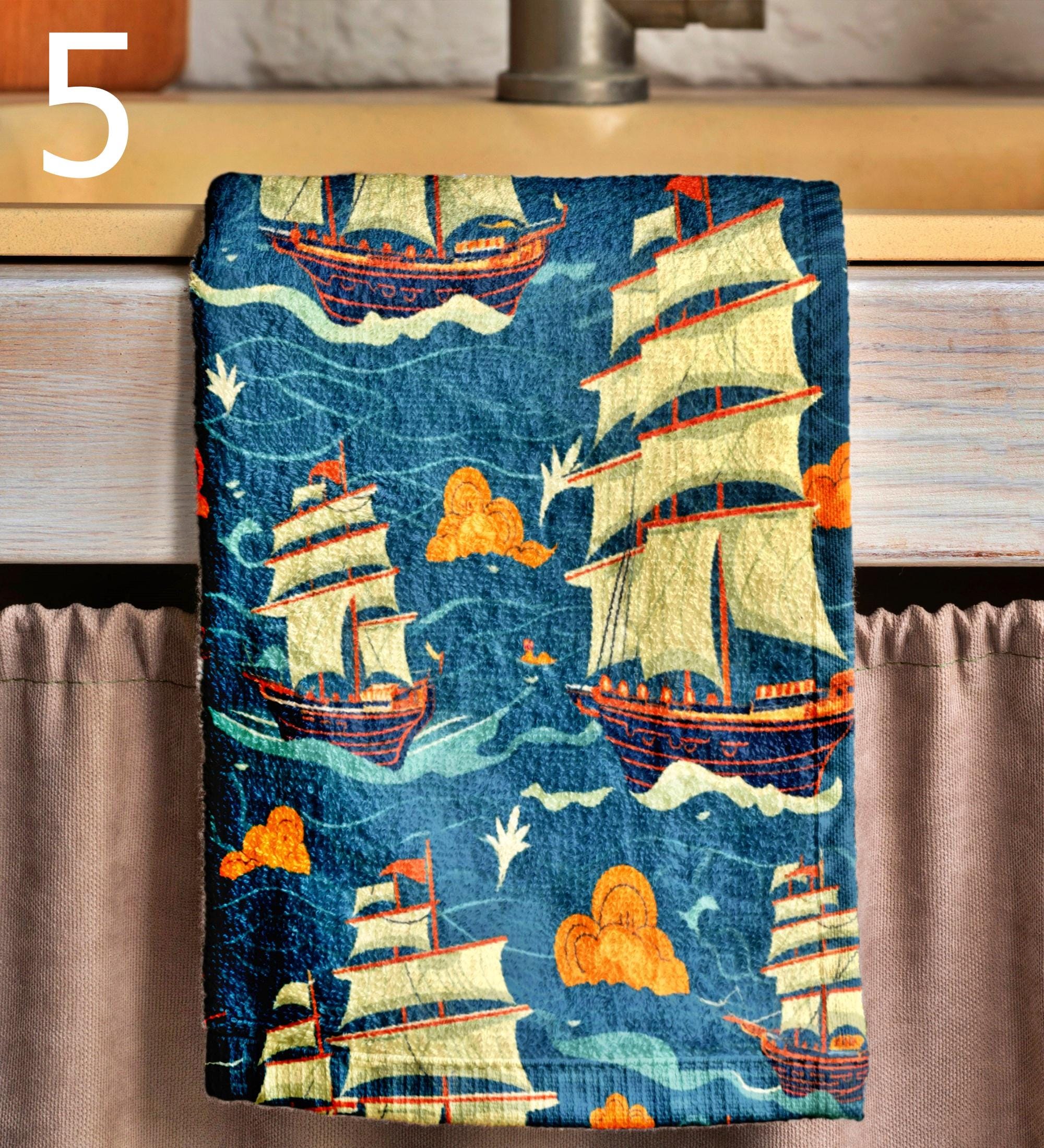 Sailor Tea Towels, Vintage Sailing Ship Dish Towel, Nautical Kitchen Towels, Nautical Hand Towels, Old Sailboat Kitchen Fingertip Towels