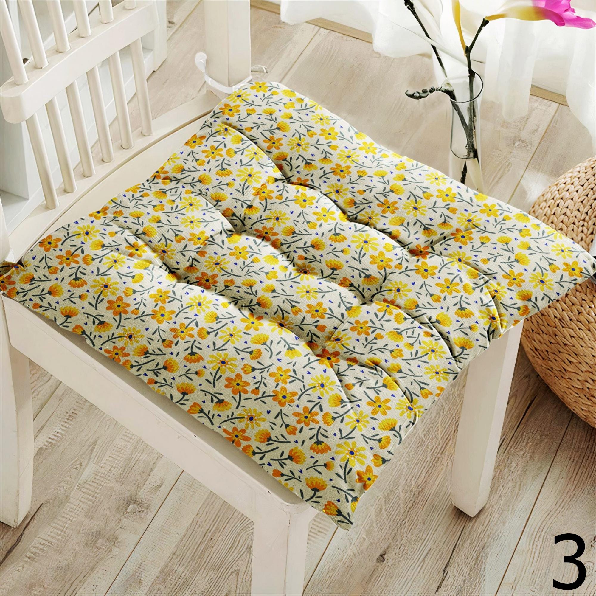 Floral Square Chair Pad, Daisy Flowers Chair Cushion with Ties, Floral Style Patio Chair Cushions, Colorful Floral Chair Pads