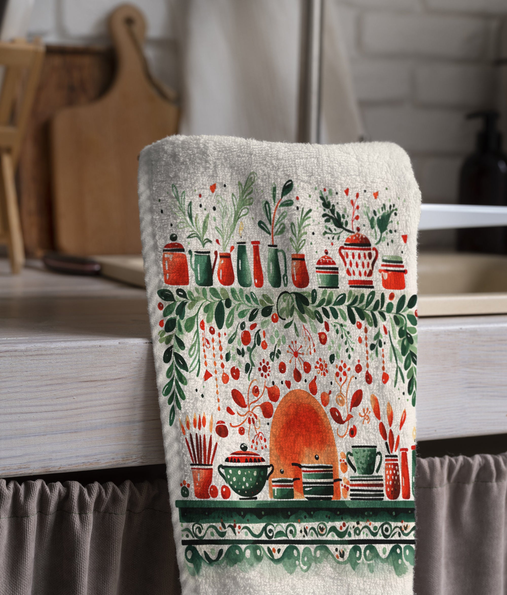 Christmas Tea Towels, Xmas Dish Towel, Christmas Santa Claus Tea Towel, Holly Pine Trees Hand Towel, Christmas Kitchen Towel