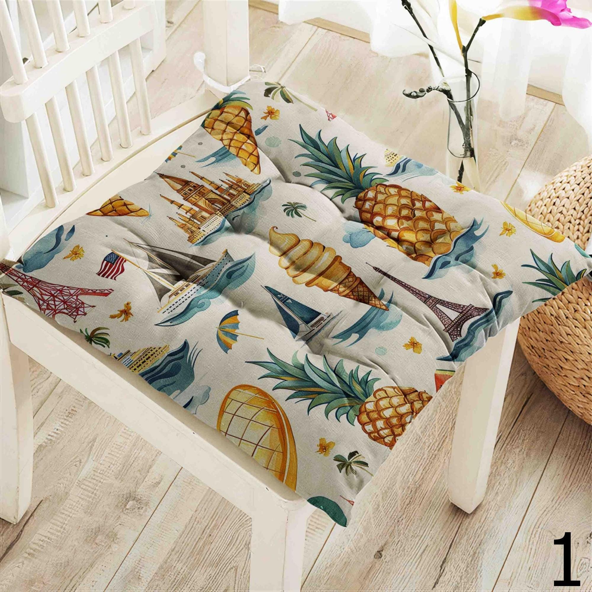 Summer Fun Chair Pad Covers, Tropical Travel Seat Cushions, Colorful Vacation Decor Chair Pillows, Boho Holiday Vibes Chair Cushions