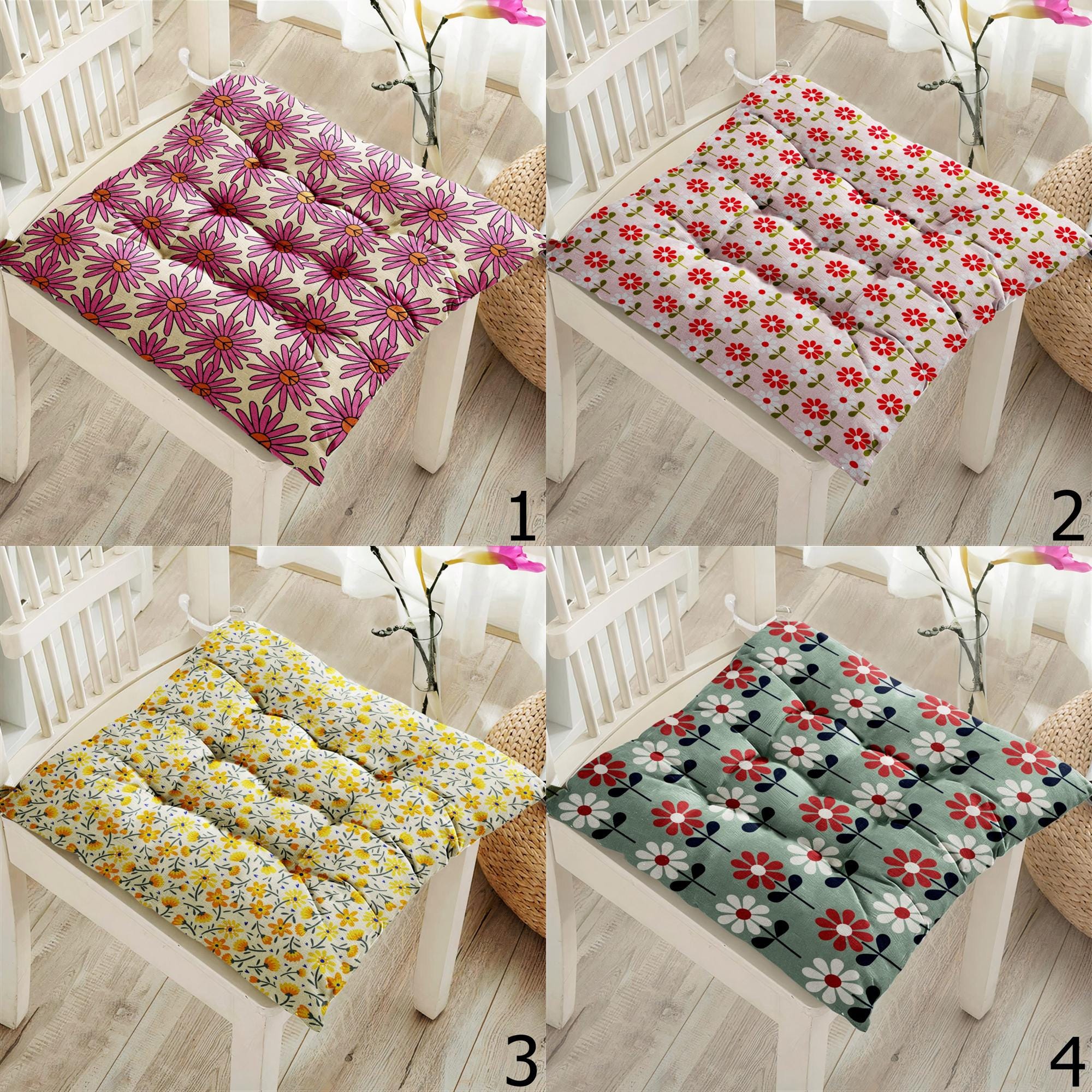 Floral Square Chair Pad, Daisy Flowers Chair Cushion with Ties, Floral Style Patio Chair Cushions, Colorful Floral Chair Pads