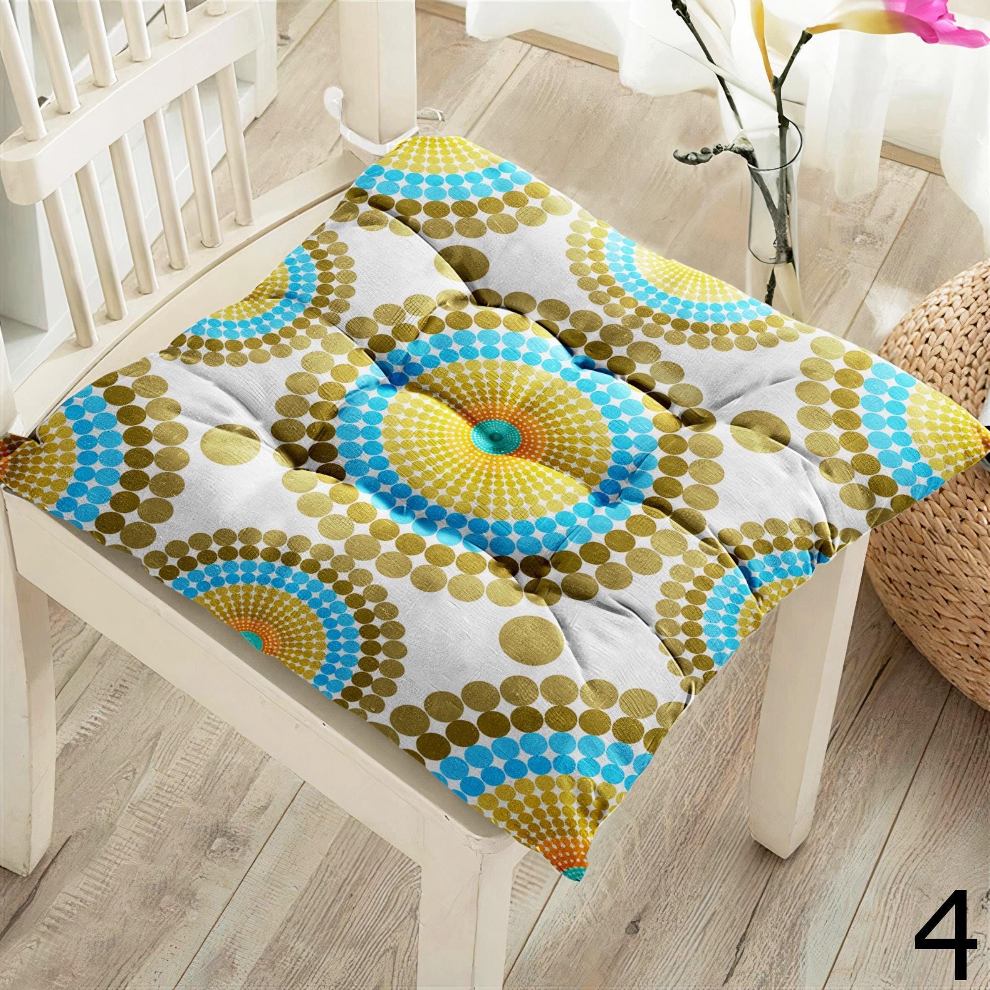 Colorful Mandala Chair Cushions, Round Geometric Seat Pads, Boho Style Chair Pads, Indoor Outdoor Seating Pillows