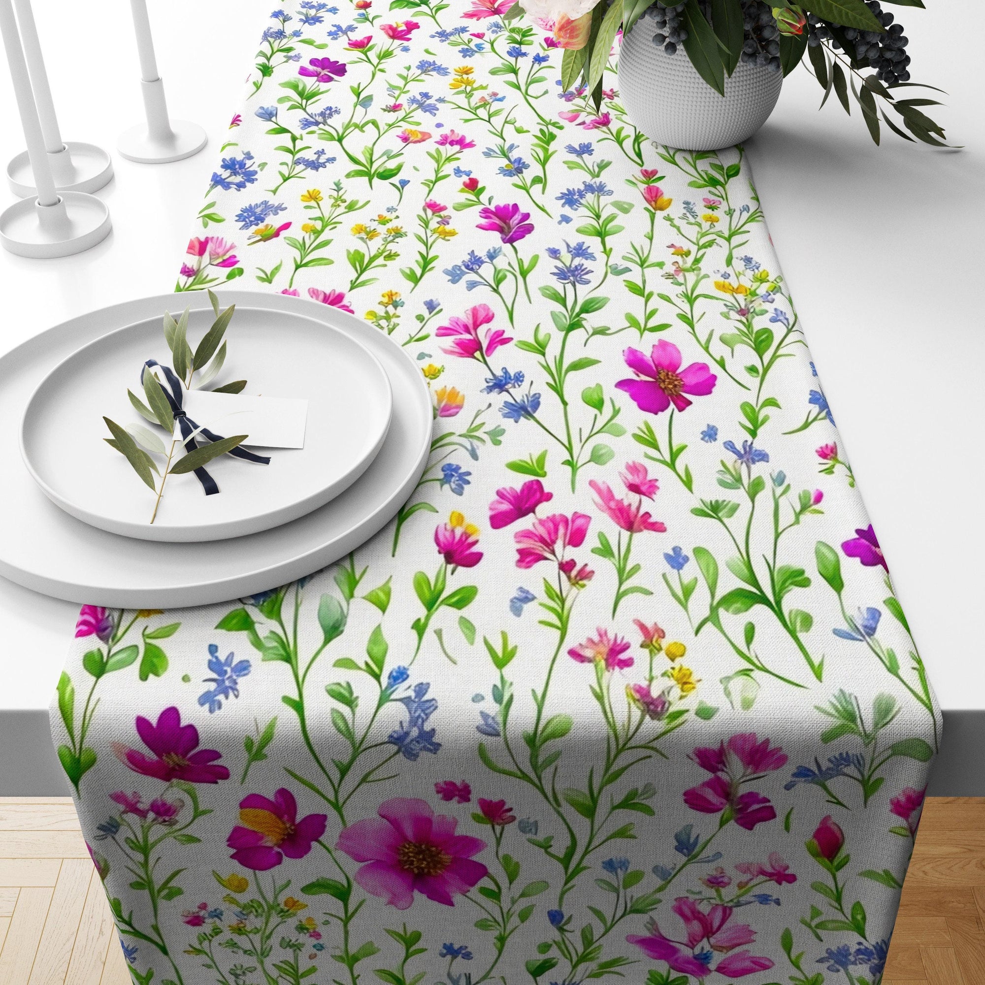 Floral Table Runner, Flowers Print Table Runner, Wildflovers Table Runners, Purple Table Runner, Print Floral Table Runner