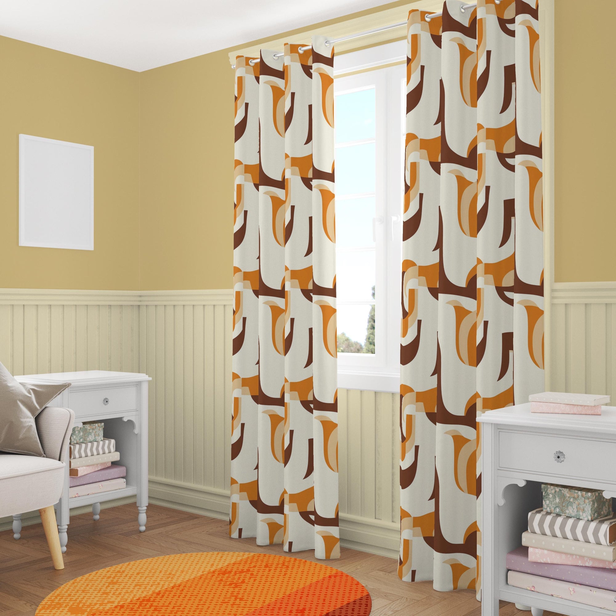 Mid Century Modern Window Curtains, Retro Curtain Panels, MCM Print Curtain, Orange Retro Style Living Room Curtain, 70s Retro Curtains