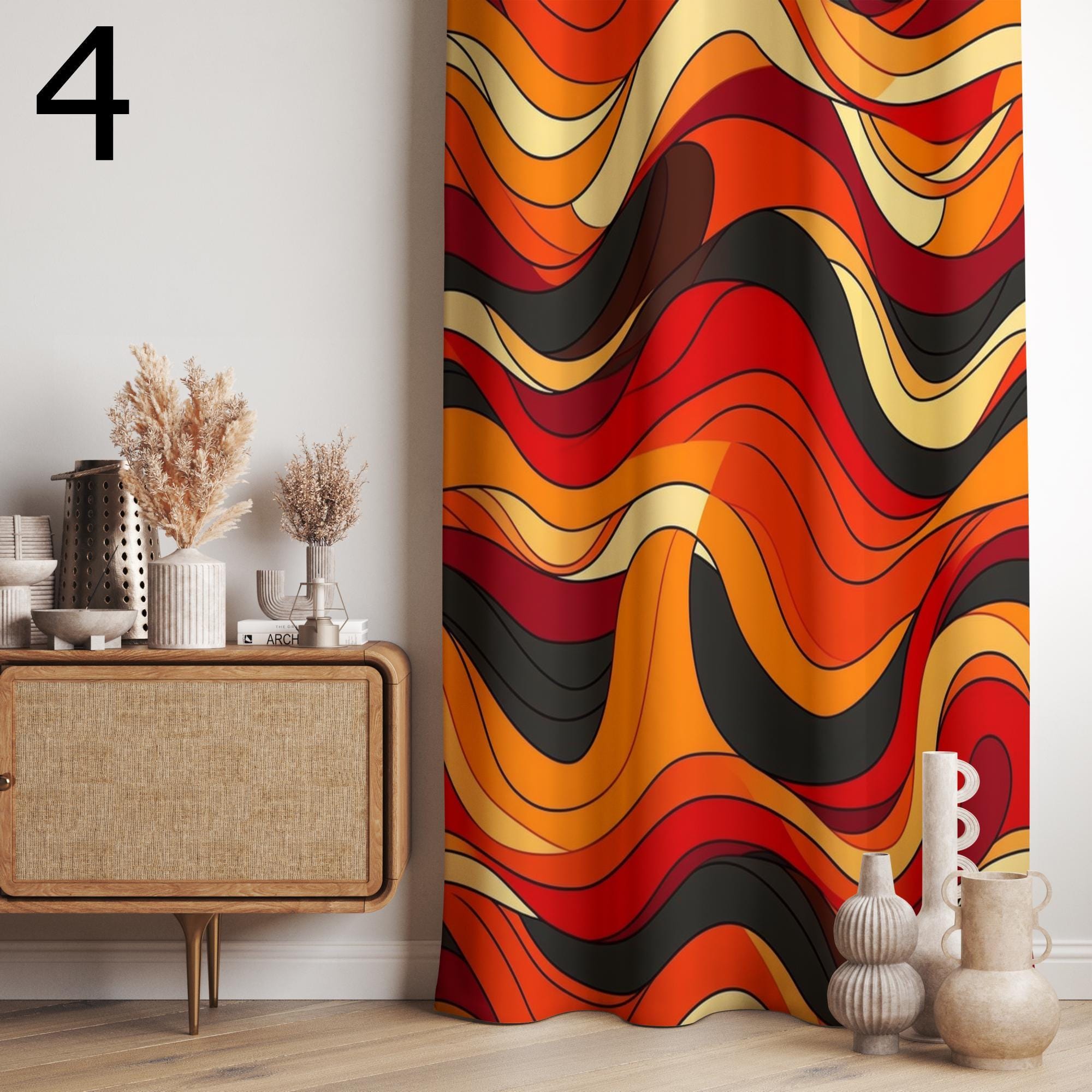Mid Century Modern Curtain Panels, 70s Hippie Retro Boho Curtains, Orange Vintage Printed Curtains, Colorful Retro Style Living Room Drapes