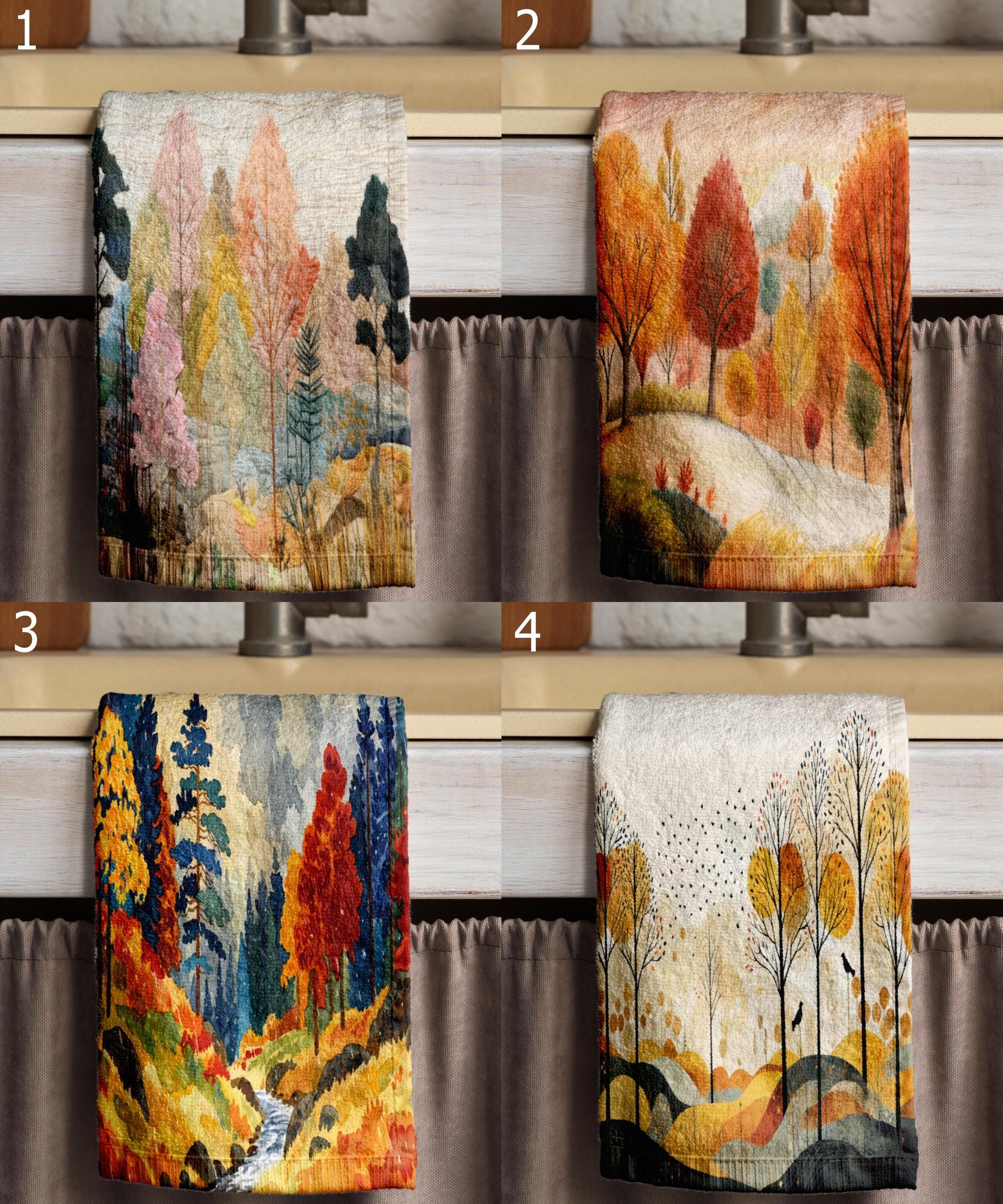 Fall Tea Towels, Autumn Landscape Tea Towels, Autumn Printed Dish Towels, Fall Abstract Dish Towel, Fall Landscape Kitchen Towels