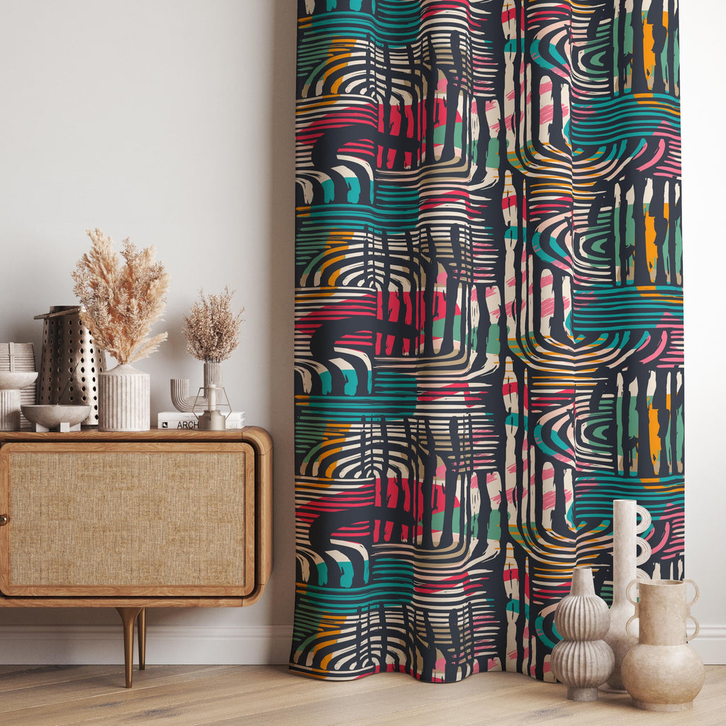 Mid-Century Window Curtains, Retro Abstract Curtains, 70s Retro Blackout Curtain Panel, Mid Century Modern Grommet Drapes