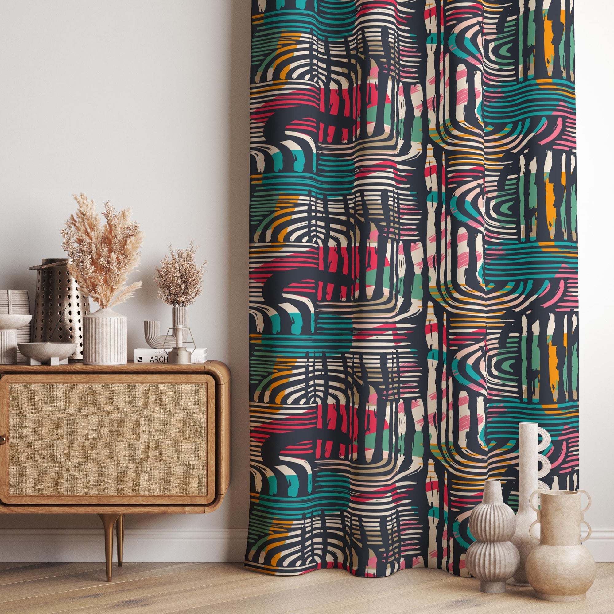 Mid-Century Window Curtains, Retro Abstract Curtains, 70s Retro Blackout Curtain Panel, Mid Century Modern Grommet Drapes