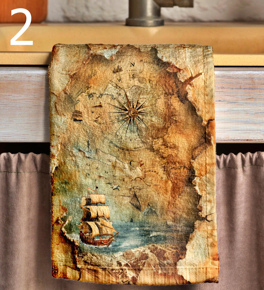 Sailor Tea Towels, Vintage Sailing Ship Dish Towel, Nautical Kitchen Towels, Nautical Hand Towels, Old Sailboat Kitchen Fingertip Towels
