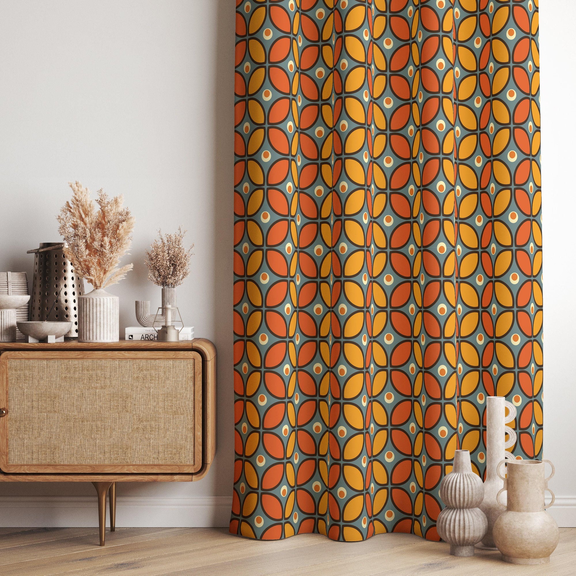 Mid Century Modern Curtain Panels, 70s Floral Curtain, 70s Retro Orange Curtain, Retro Blackout Curtains, Mid Century Grommet Curtain