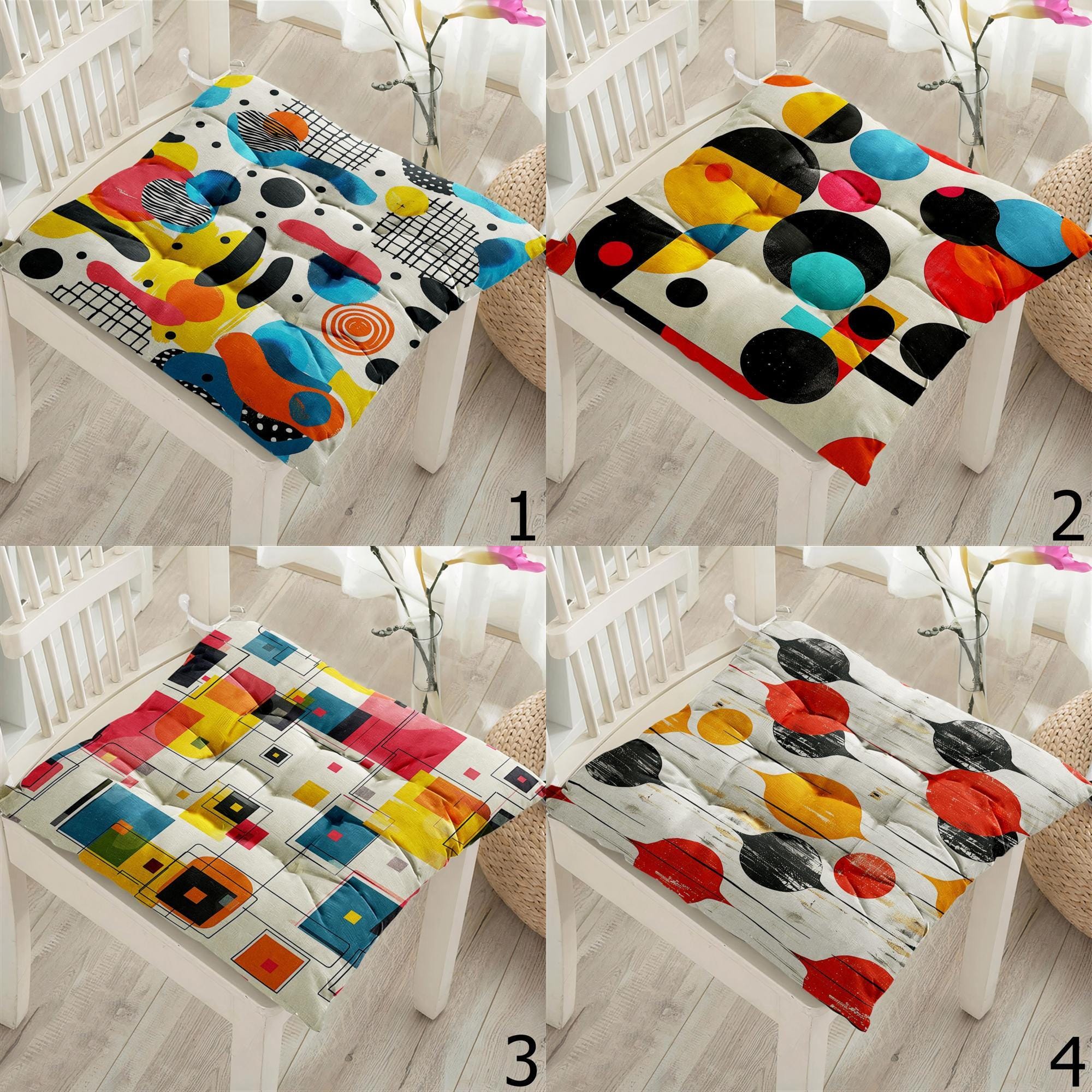 Retro Square Chair Pad, Mid Century Modern Chair Cushion with Ties, 70s Style Patio Chair Cushions, Colorful Retro Abstract Chair Pads