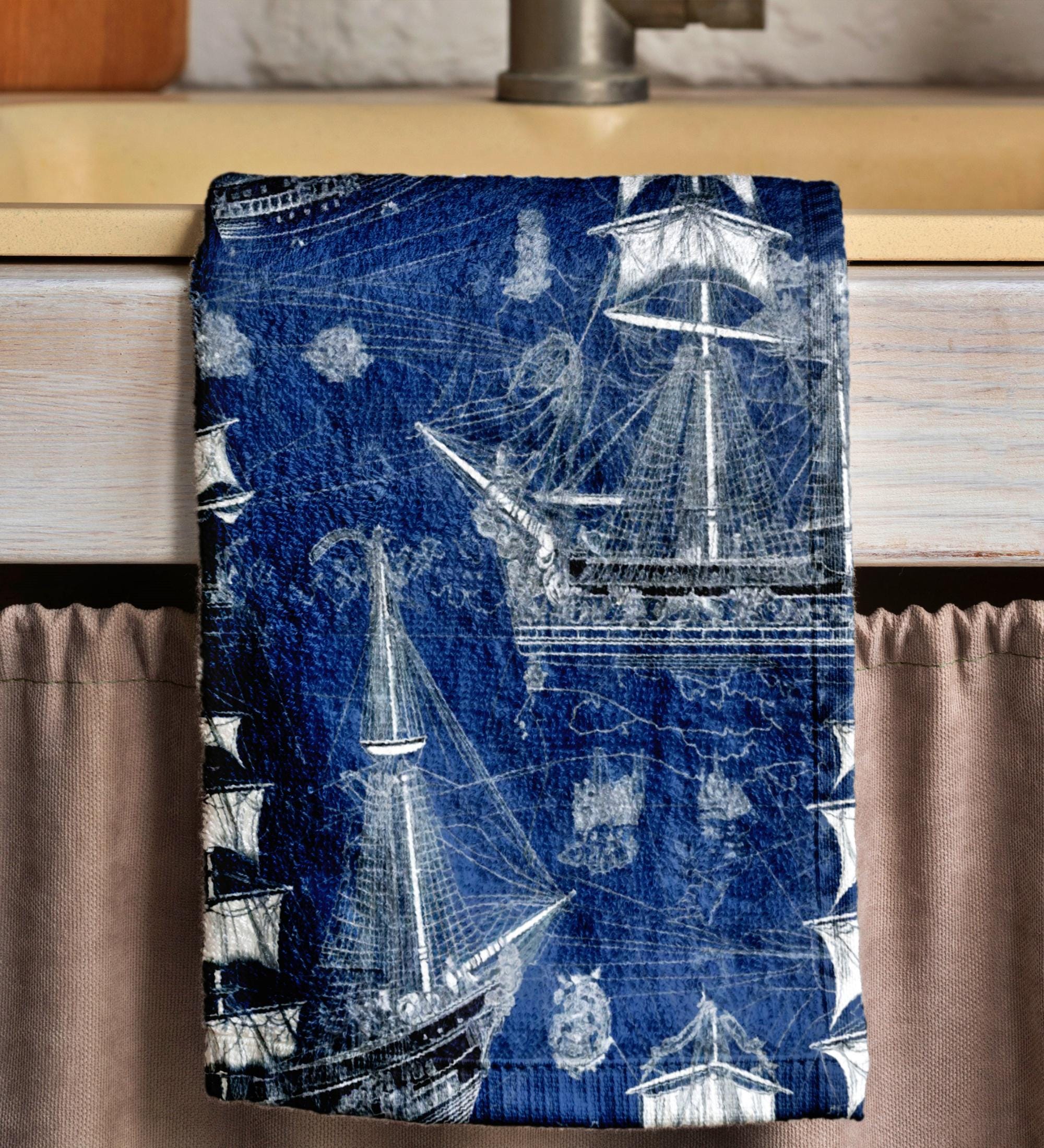 Marine Tea Towels, Vintage Sailing Ship Dish Towels, Nautical Kitchen Gifts, Navy Nautical Hand Towels, Marine Kitchen Fingertip Towels