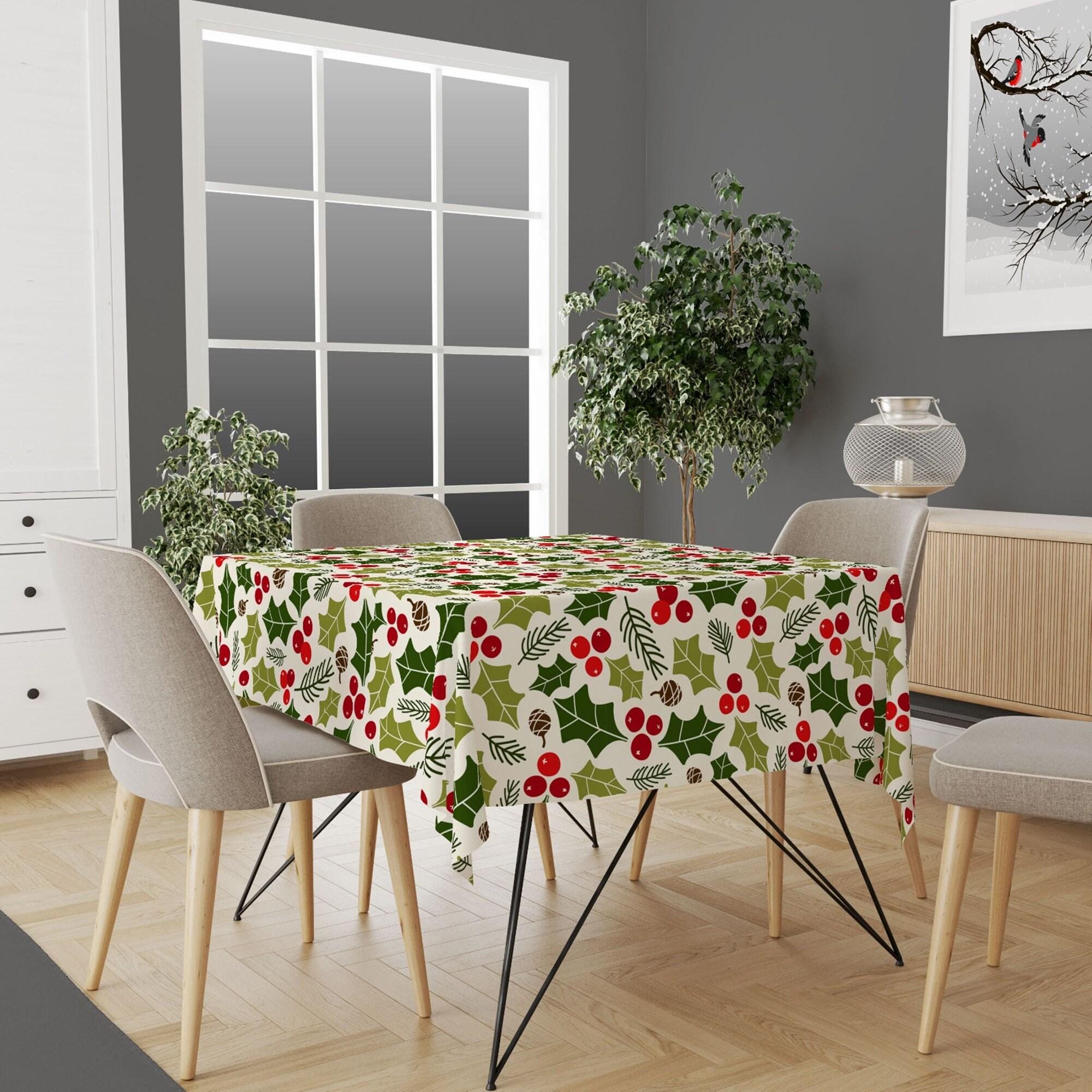 Christmas Tablecloth, Holly Red Berry Tablecloth, Xmas Kitchen Decor, Christmas Green Tablecloth, Christmas Dinner, Holly Berry Tablecloth