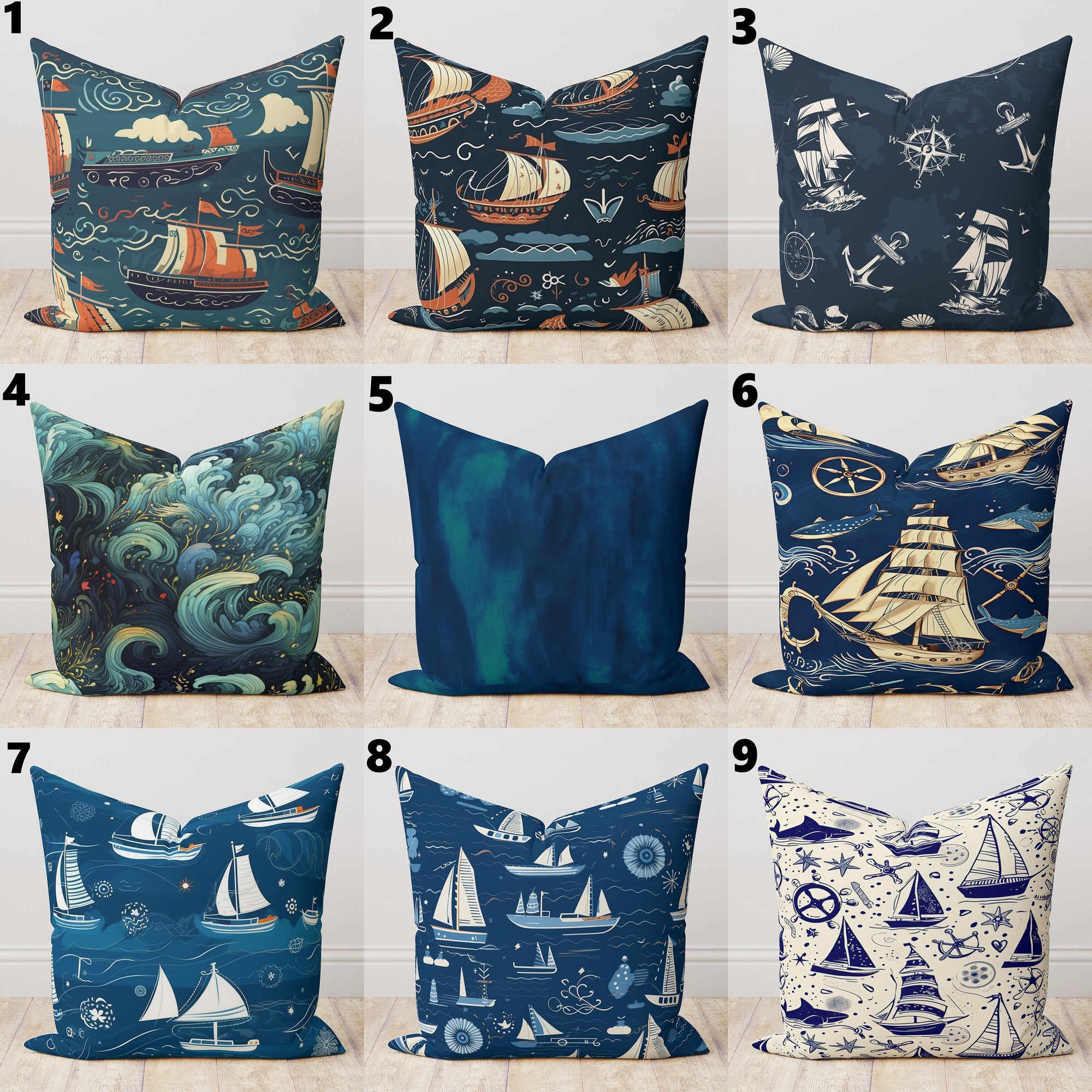 Nautical Pillow Covers, Vintage Sailor Cushion Cover, Sailing Ships Throw Pillow Covers, Marine Pillow Covers, Beach House Pillowcases