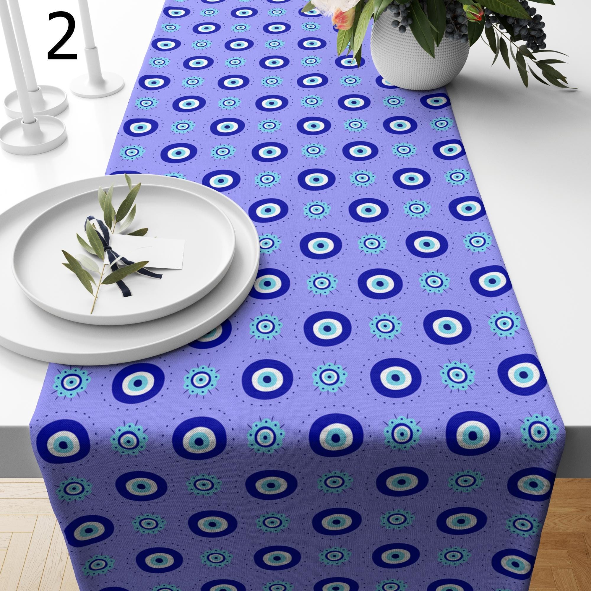 Blue Evil Eye Style Table Runner, Eye Bead Table Runner, Blue Good Luck Table Runners, Eyes Table Runner, Evil Eye Table Decor Runners