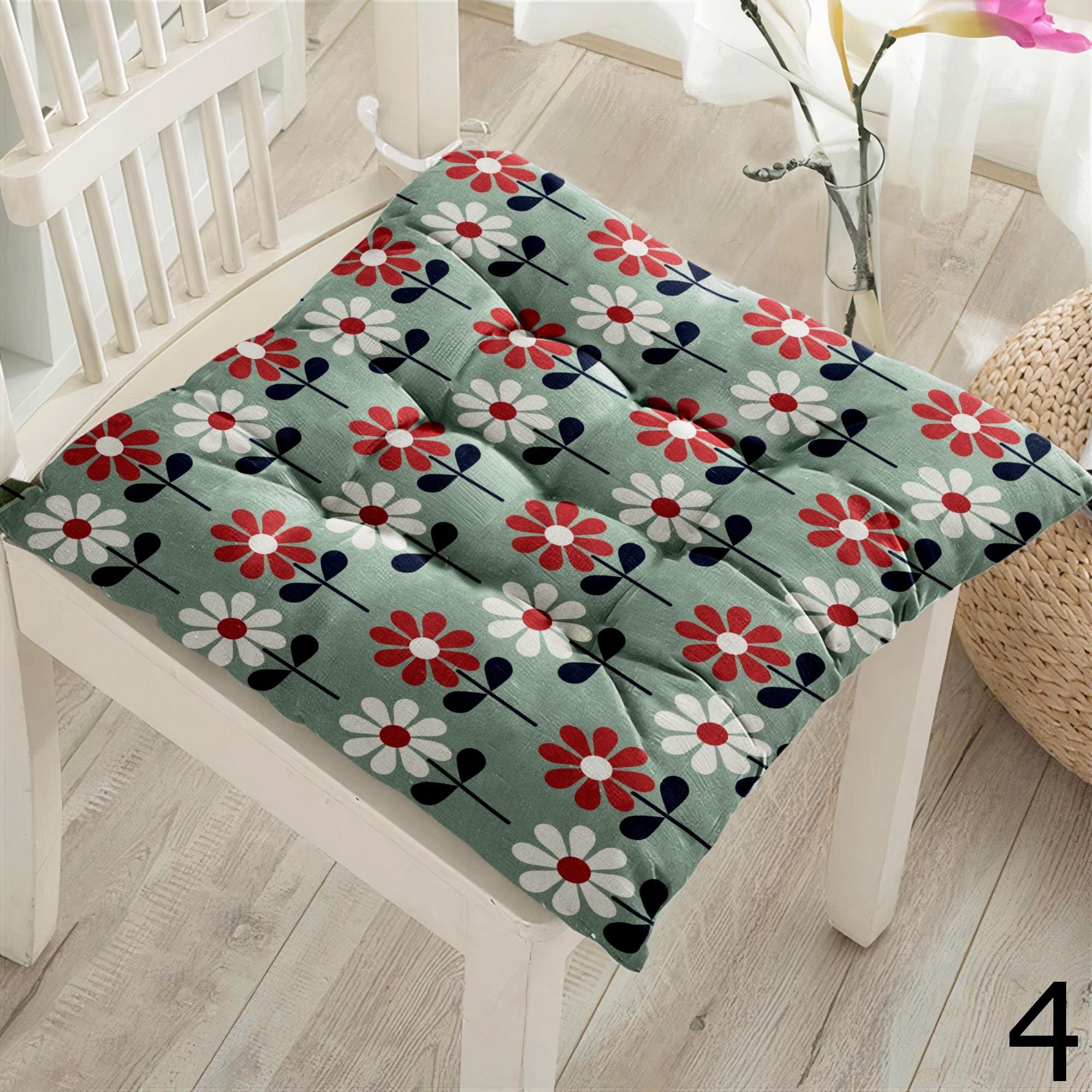 Floral Square Chair Pad, Daisy Flowers Chair Cushion with Ties, Floral Style Patio Chair Cushions, Colorful Floral Chair Pads