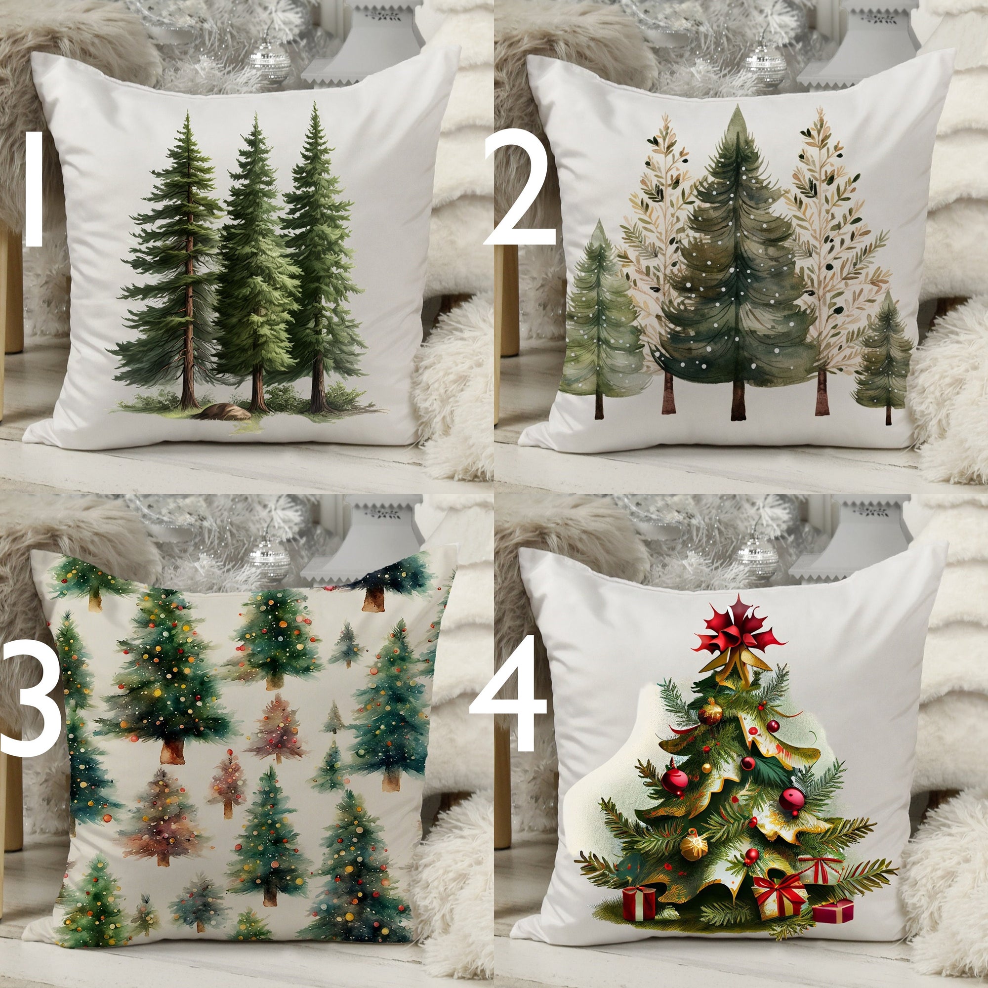 Christmas Green Pine Trees Pillow Covers, Xmas Pine Throw Pillow Cover, Winter Holly Trees Cushion Covers, Christmas Home Decor Pillow