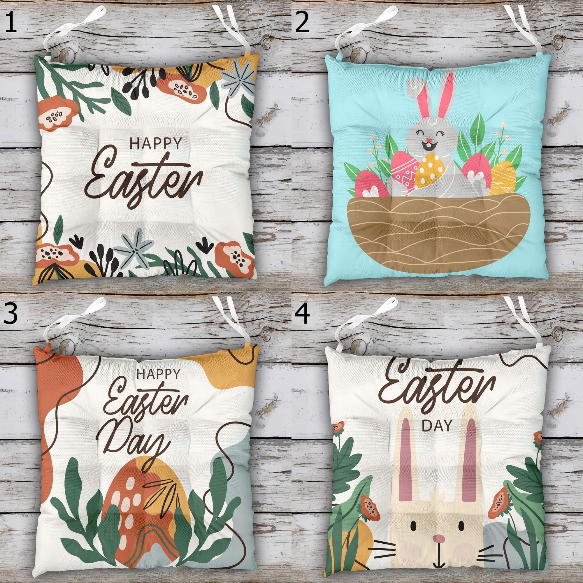 Easter Bunny Patio Cushions, Easter Chair Cushions, Colorful Easter Chair Cushions, Easter Outdoor Seat Pads, Easter Tie-On Chair Pads