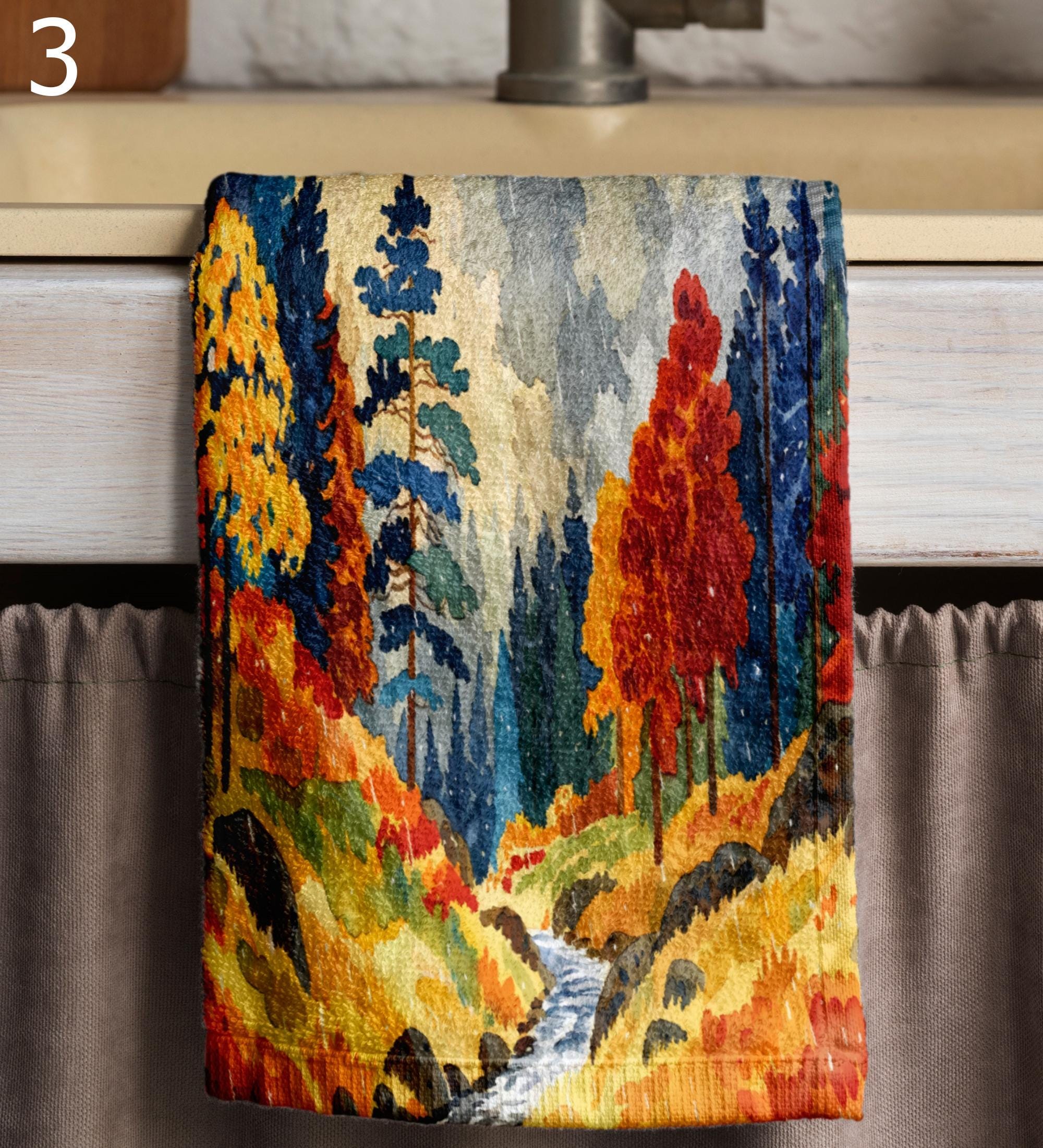 Fall Tea Towels, Autumn Landscape Tea Towels, Autumn Printed Dish Towels, Fall Abstract Dish Towel, Fall Landscape Kitchen Towels
