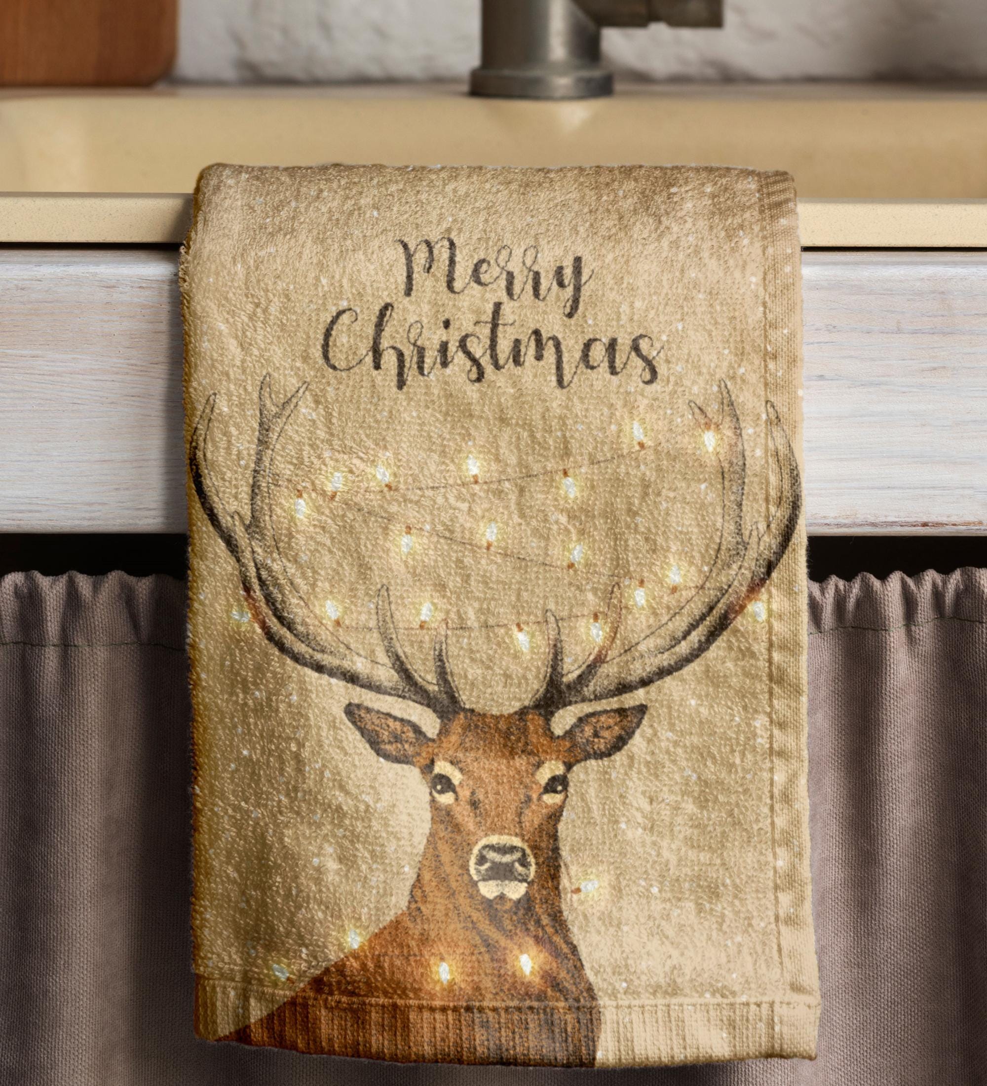 Mery Christmas Hand Towels, Xmas Reindeer Tea Towels, Holly Deer Dish Towels, Christmas Kitchen Decor Dish Towel, Noel Kitchen Towels