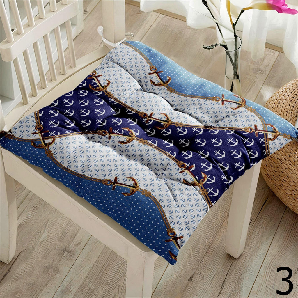 Nautical Chair Cushions, Anchor & Stripe Seat Covers, Coastal Navy Blue Chair Pads, Ocean Theme Patio Pillows, Marine Decor Chair Pillows