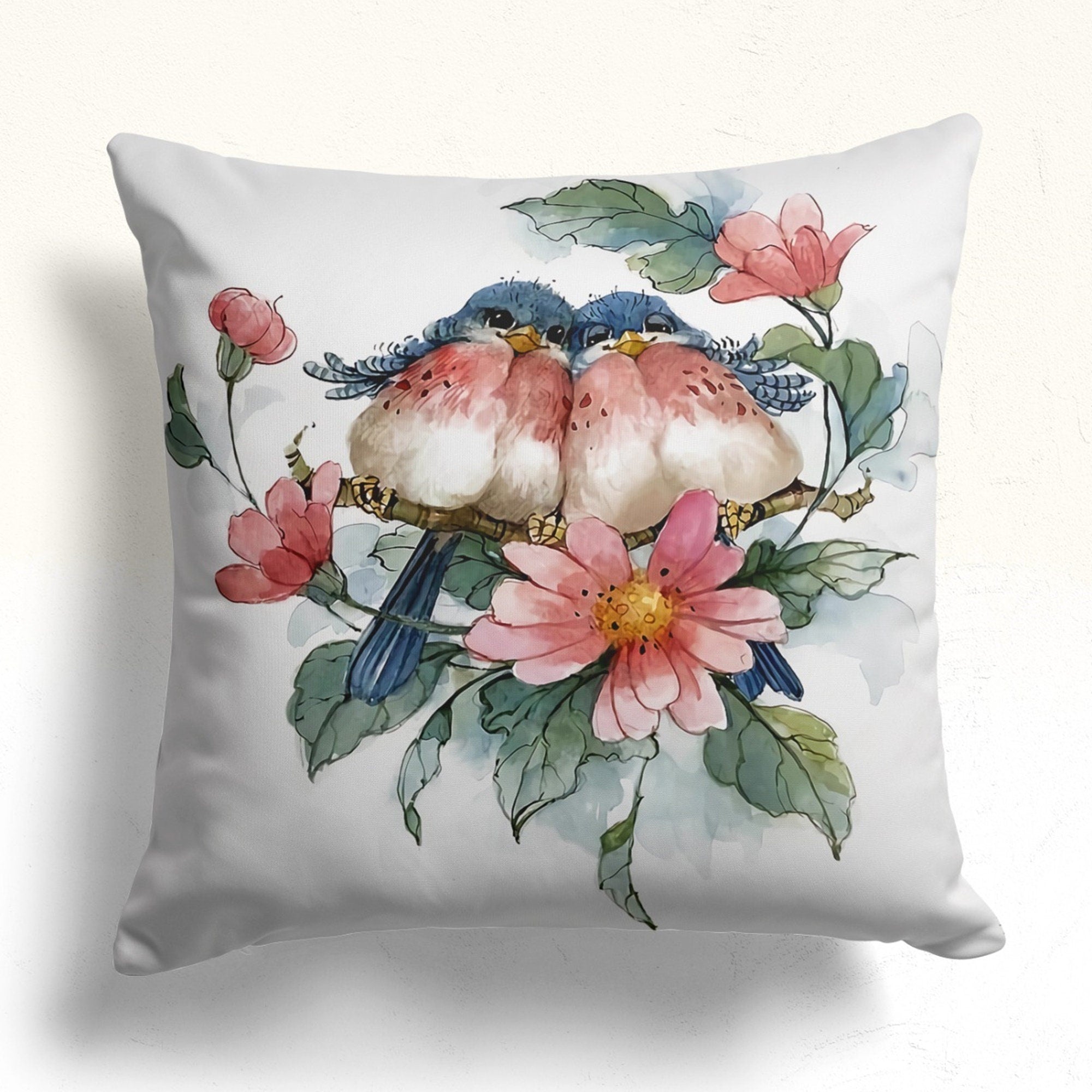 Flower Bird Pillow Cover, Floral Birds Cushion Cases, Decorative Pillows, Colorful Boho Flowers Pillow Cover, Housewarming Gift