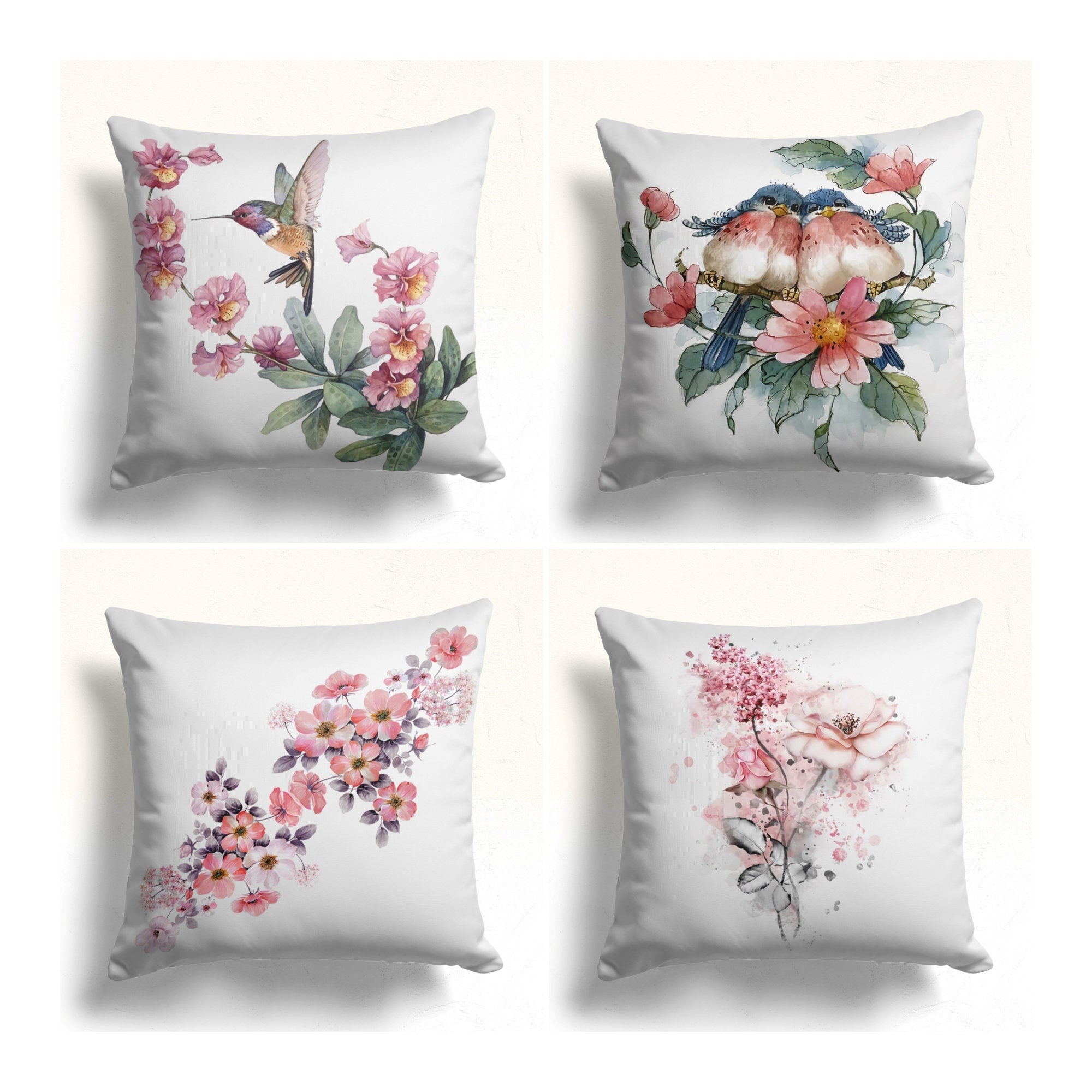 Flower Bird Pillow Cover, Floral Birds Cushion Cases, Decorative Pillows, Colorful Boho Flowers Pillow Cover, Housewarming Gift