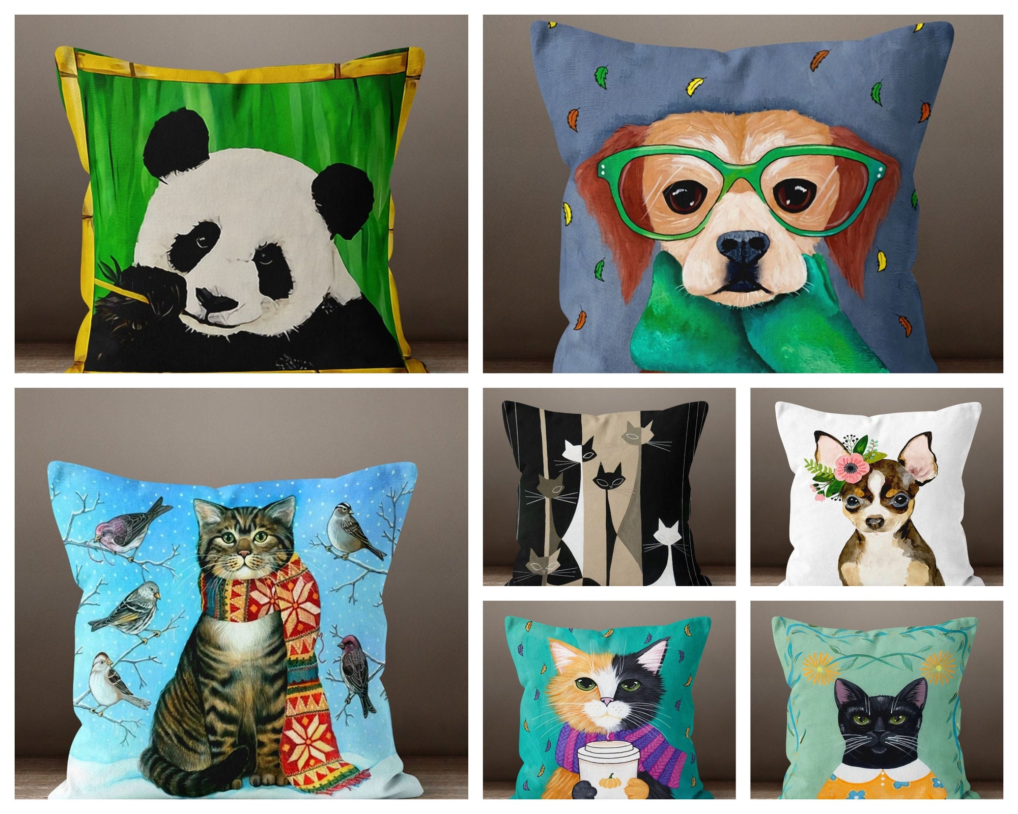 Cute Animal Print Pillow, Animals Pillow Case, Dog Pillow Cover, Colorful Animal Home Decor, Cute Cats Pillowcase, Panda Pillow Case