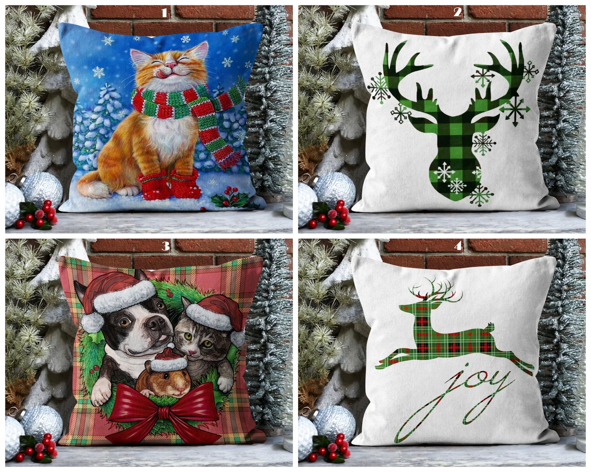 Christmas Pillowcase, Xmas Holiday Throw Pillow, Christmas Cat Pillow Cover, Christmas Deer Pillow Cover, Xmas Holiday Decor