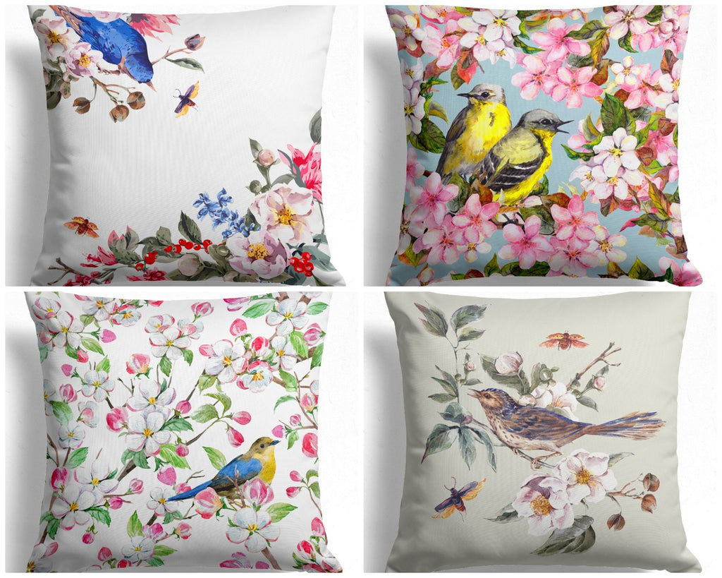 Floral Bird Pillow Case, Bird Pattern Pillow Cover, Tree Branch Pattern Pillow Case, Birds Throw Pillow Cover, Birds Home Decor