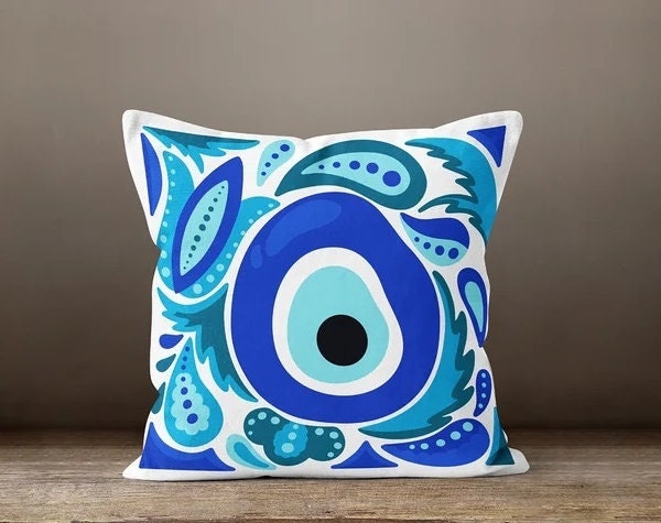 Evil Eye Pillow Cover, Good Luck Home Decor, Eyelash Modern Home Decor, Blau Ethnic Cushion, Protection Eye Pillow