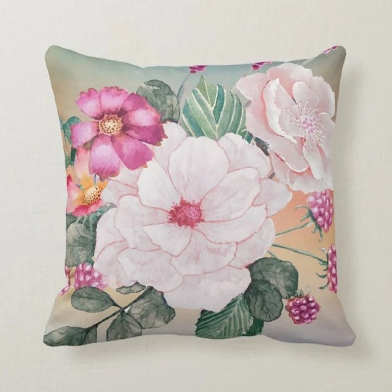 Pink Floral Pillow Cover, Powder Pink Floral Pillow Cover, Floral Spring Pillow Case, Pastel Color Cushion Cover, Summer Cushion Case